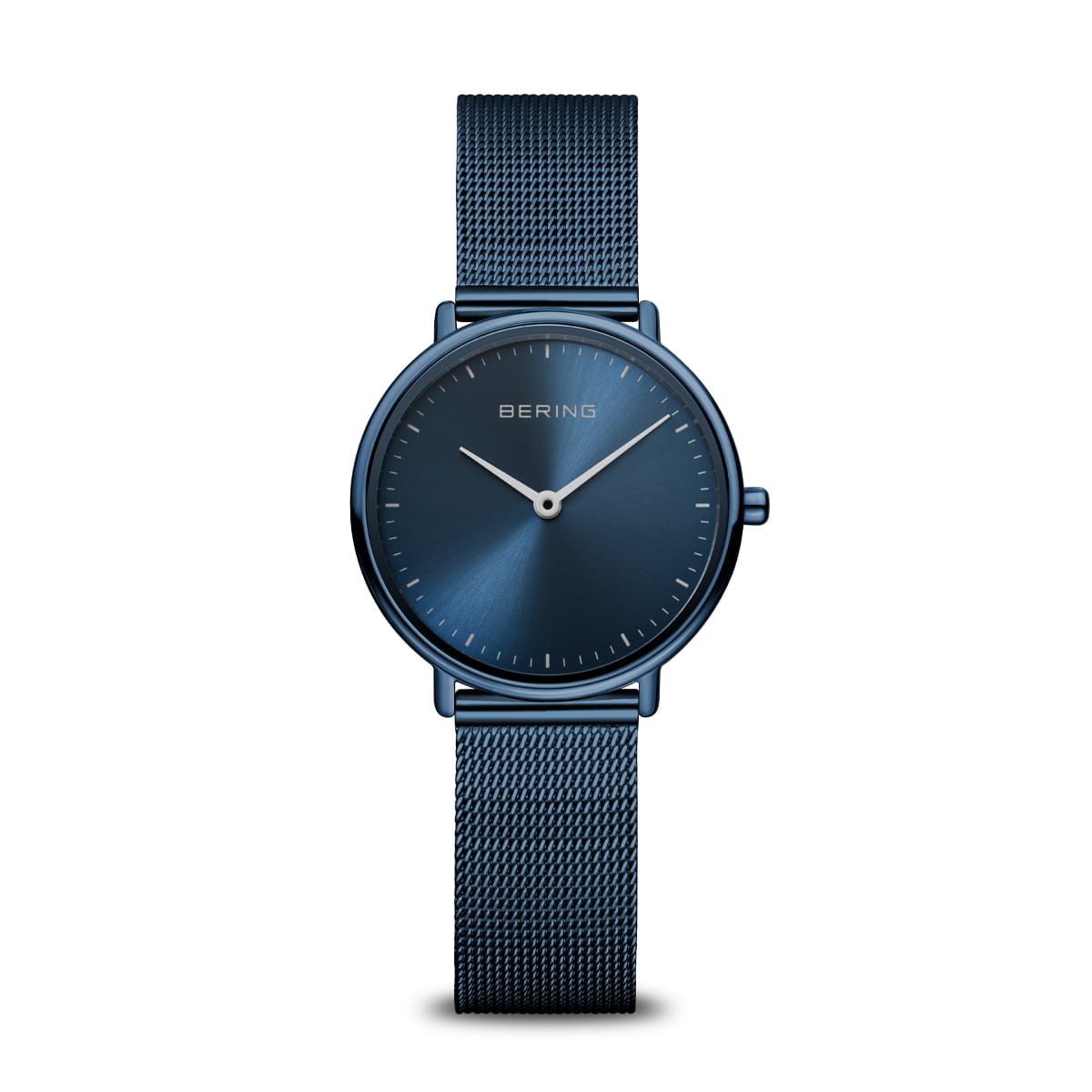 Orologio con cassa blu e quadrante lucido, cinturino in maglia rolò blu.