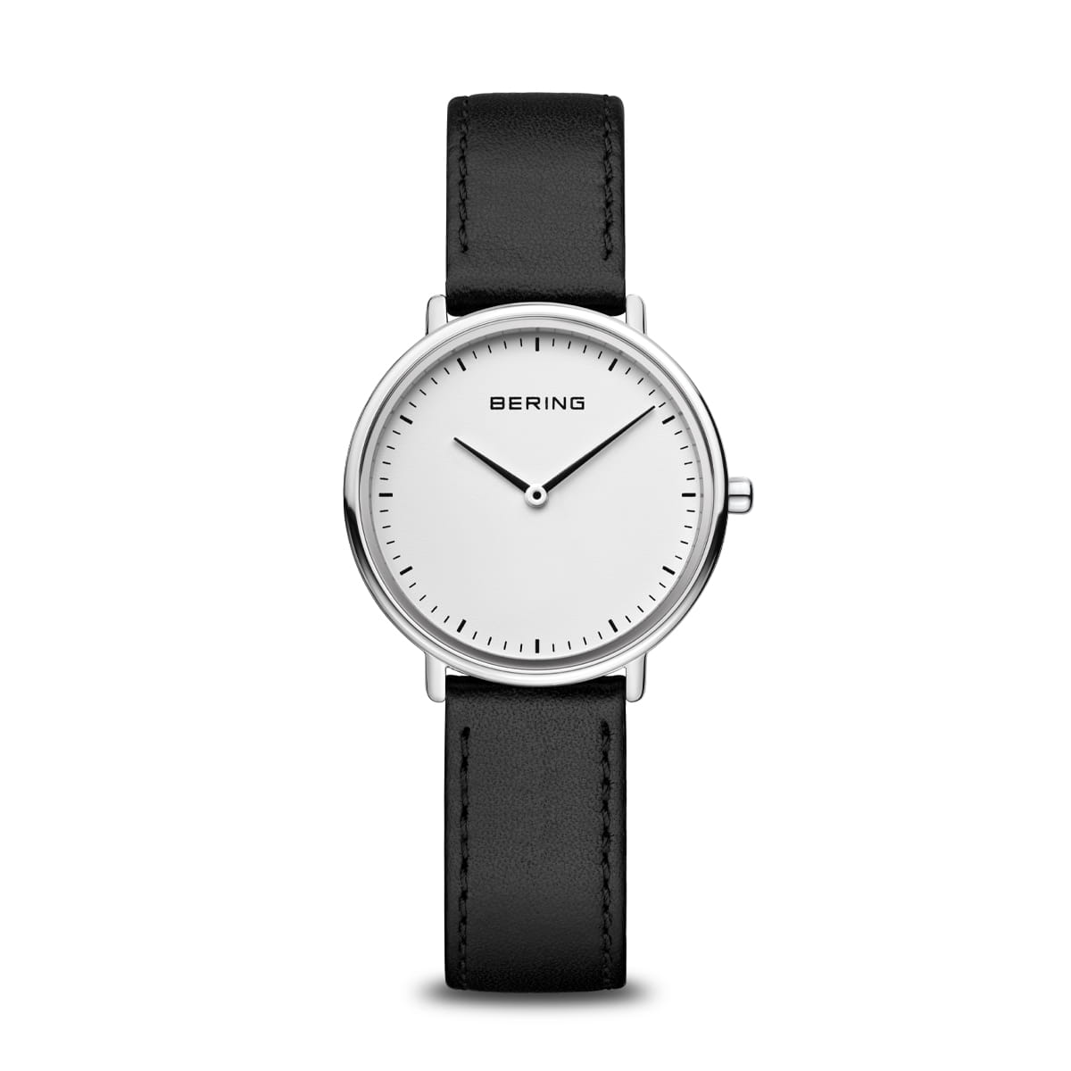 Orologio con cassa argentata, quadrante bianco e cinturino in pelle nera.