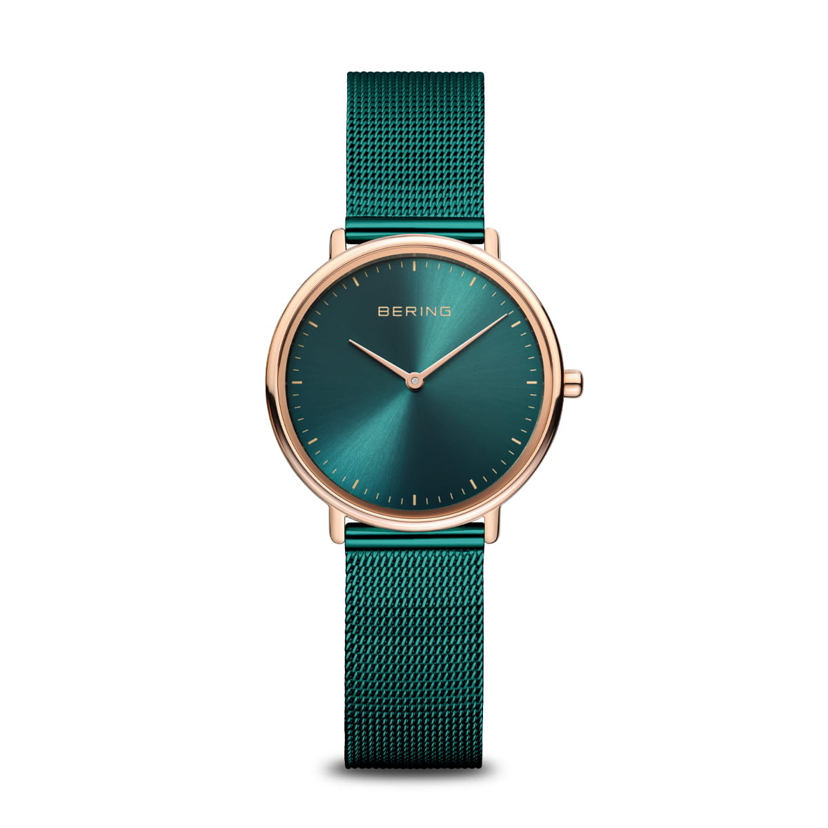 Orologio con cassa dorata e quadrante verde, cinturino in maglia rolò verde.