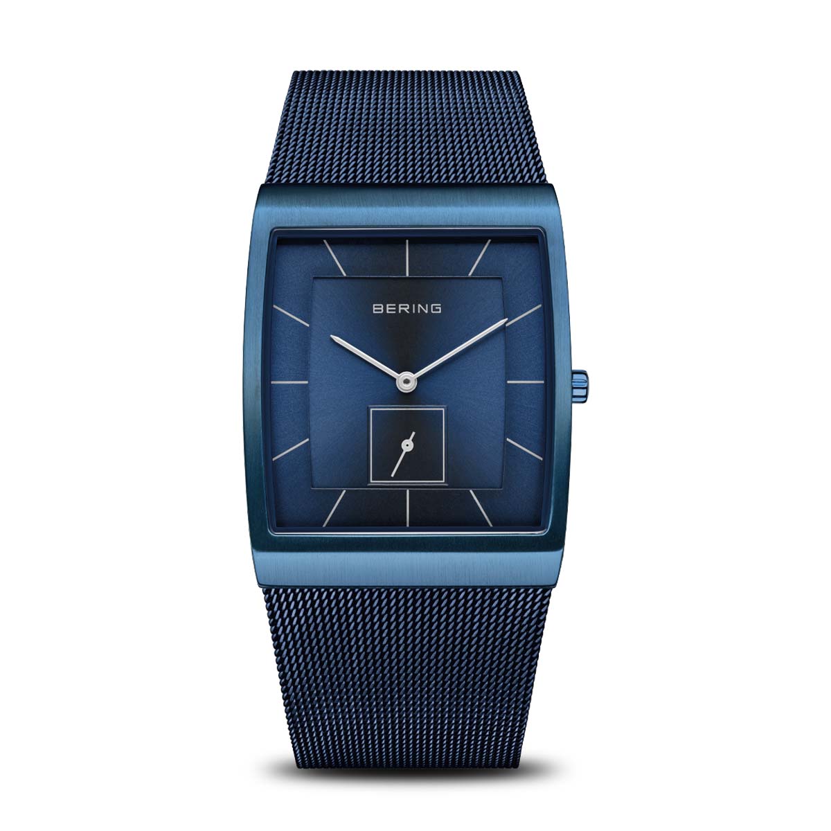 Orologio da uomo Bering con quadrante blu, cassa quadrata e cinturino in maglia.
