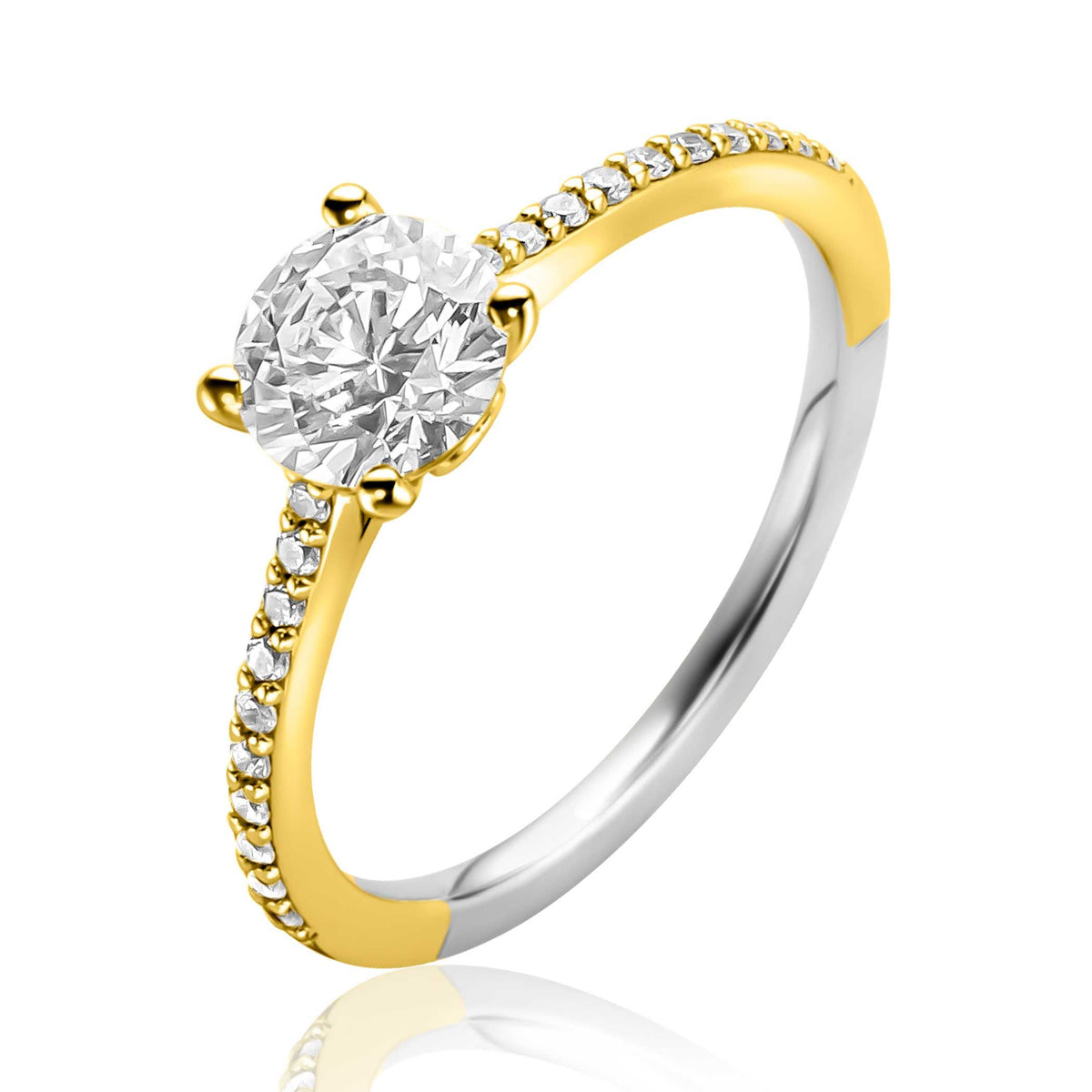 Anello placcato oro con pietra centrale brillante e dettagli in zirconia.