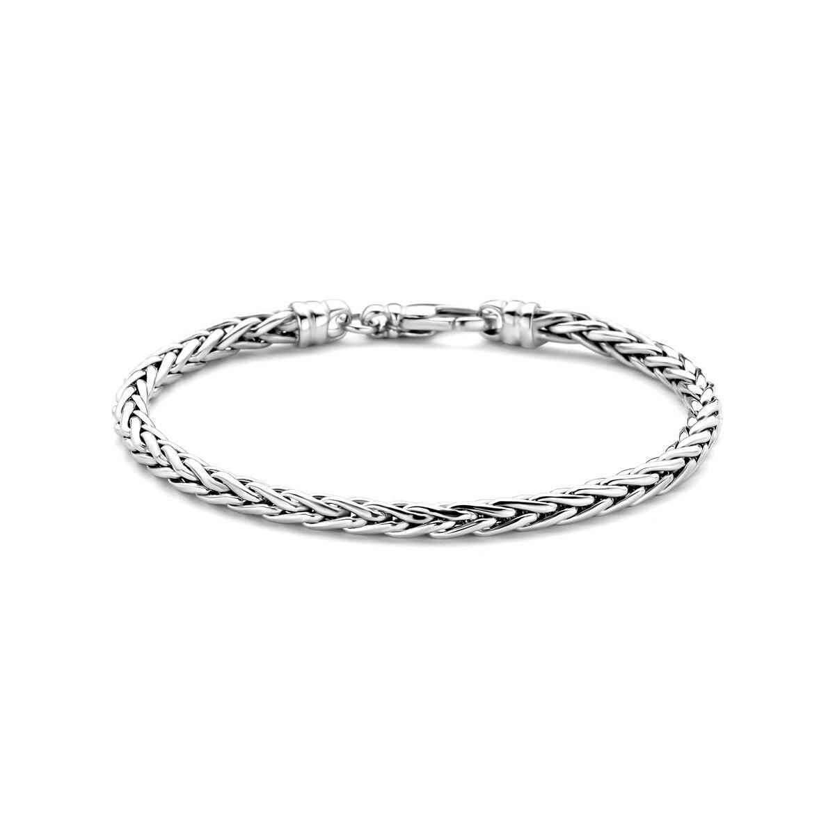 Gerhodineerde zilveren dames armband met vossestaart schakel van 4 mm, met een gedetailleerde vlechtstructuur.
