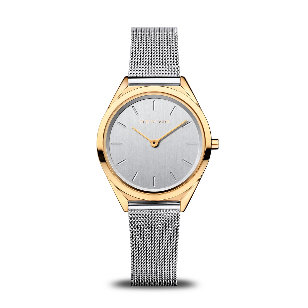 Orologio da donna con quadrante argentato, cassa dorata e cinturino in maglia.