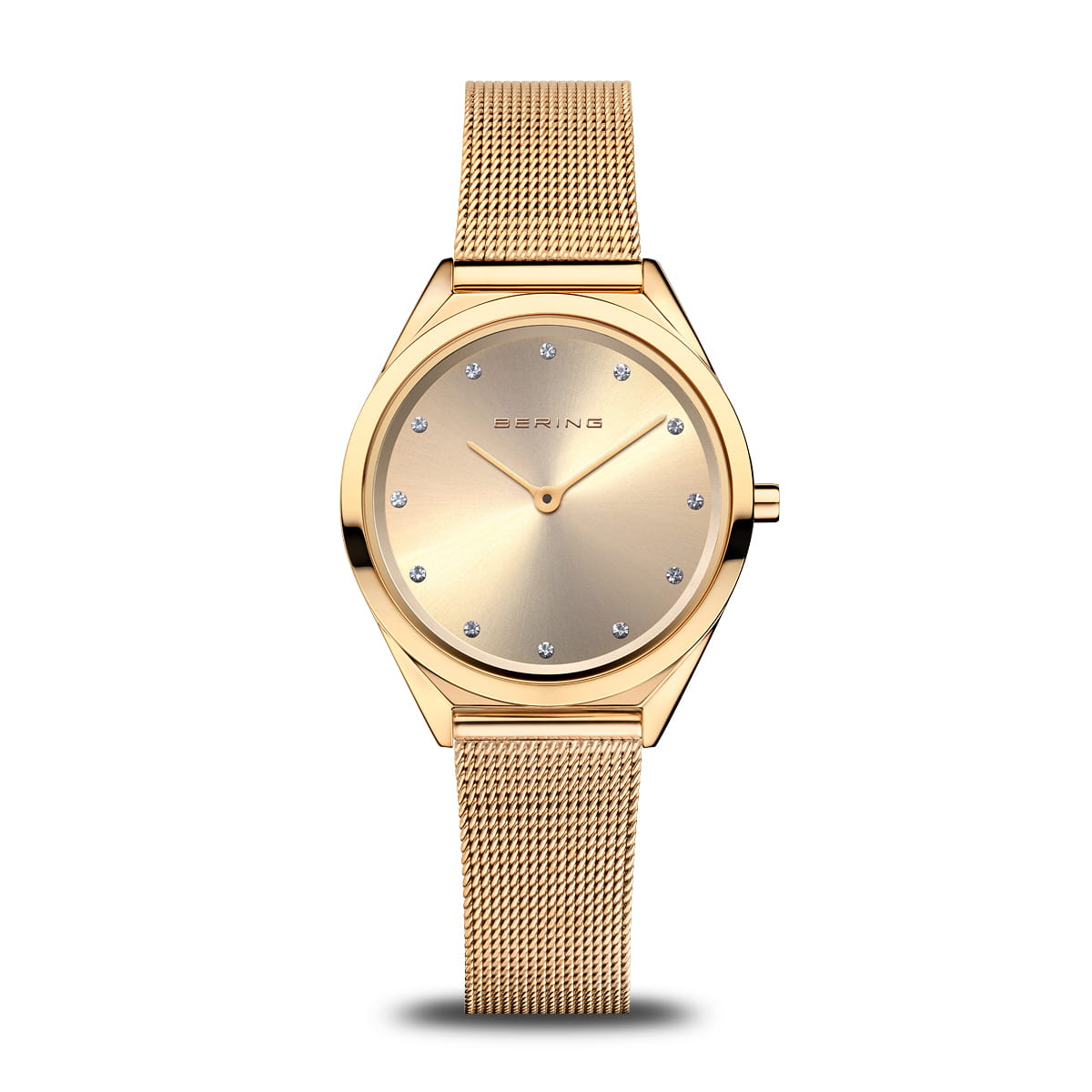 Orologio con cassa dorata, quadrante oro con indicatori brillanti e cinturino in maglia rolò.