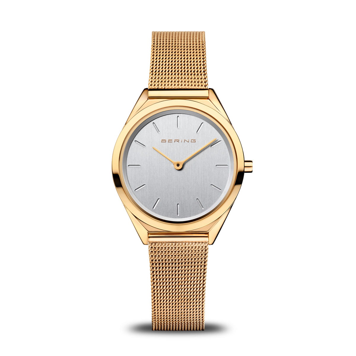 Orologio unisex con cassa dorata, quadrante argentato e cinturino in maglia rolò dorata.