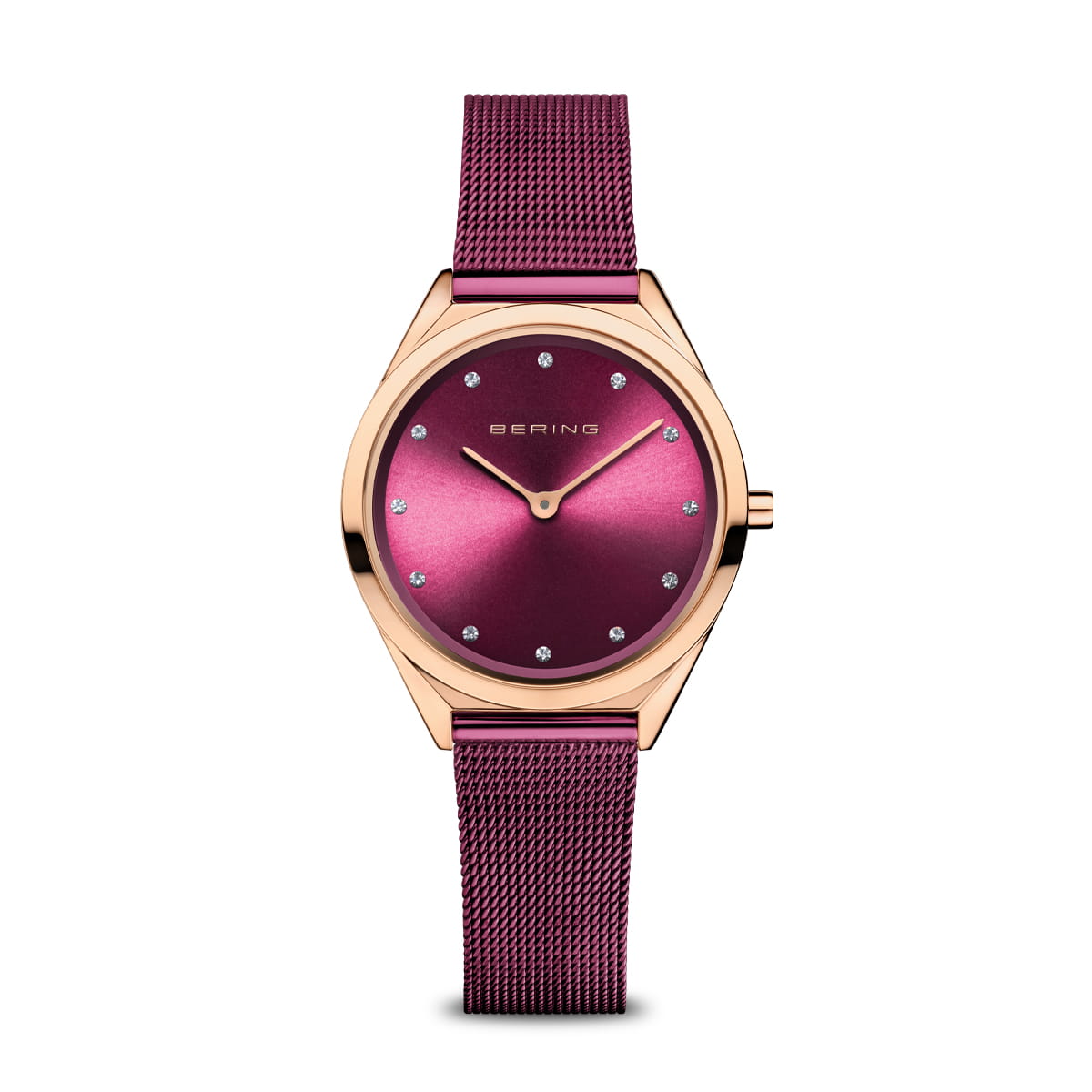 Orologio con cassa rosa e quadrante bordeaux, cinturino in maglia metallica.