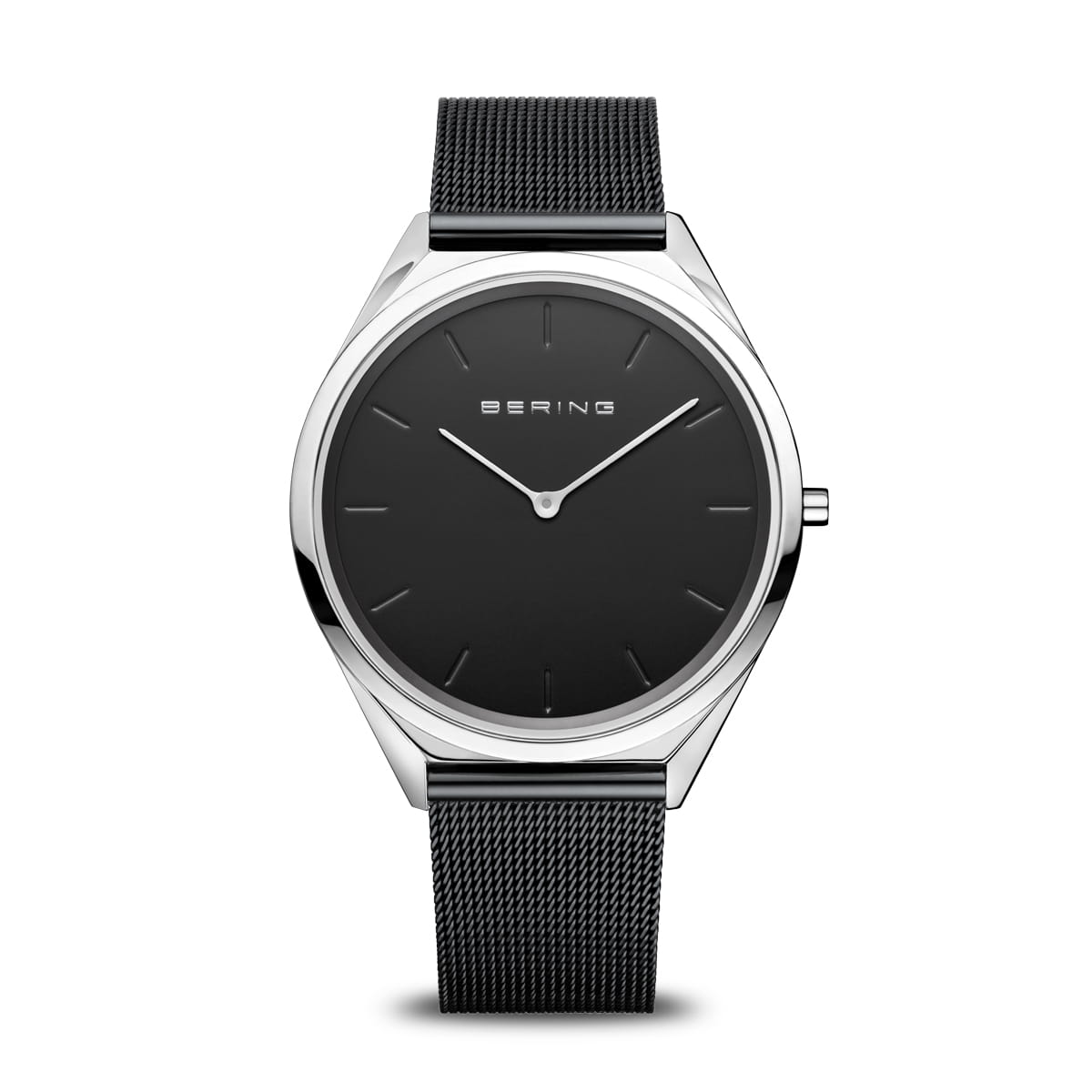 Orologio unisex con quadrante nero, cassa argentata e cinturino in maglia rolò.