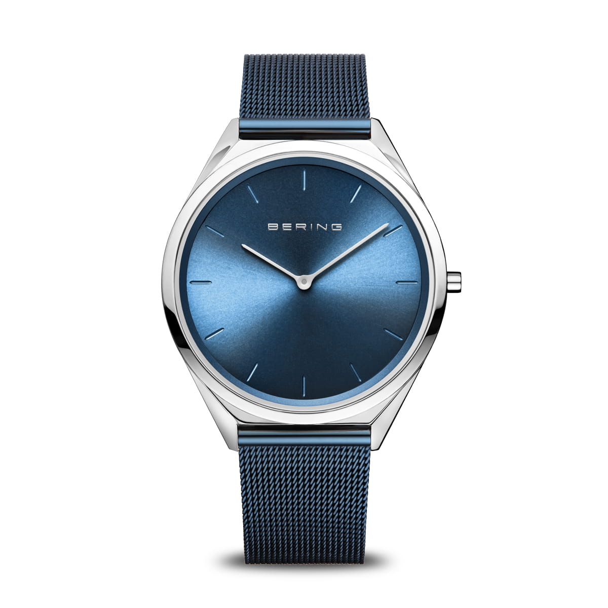 Orologio unisex con quadrante blu e cinturino in maglia rolò argentata.