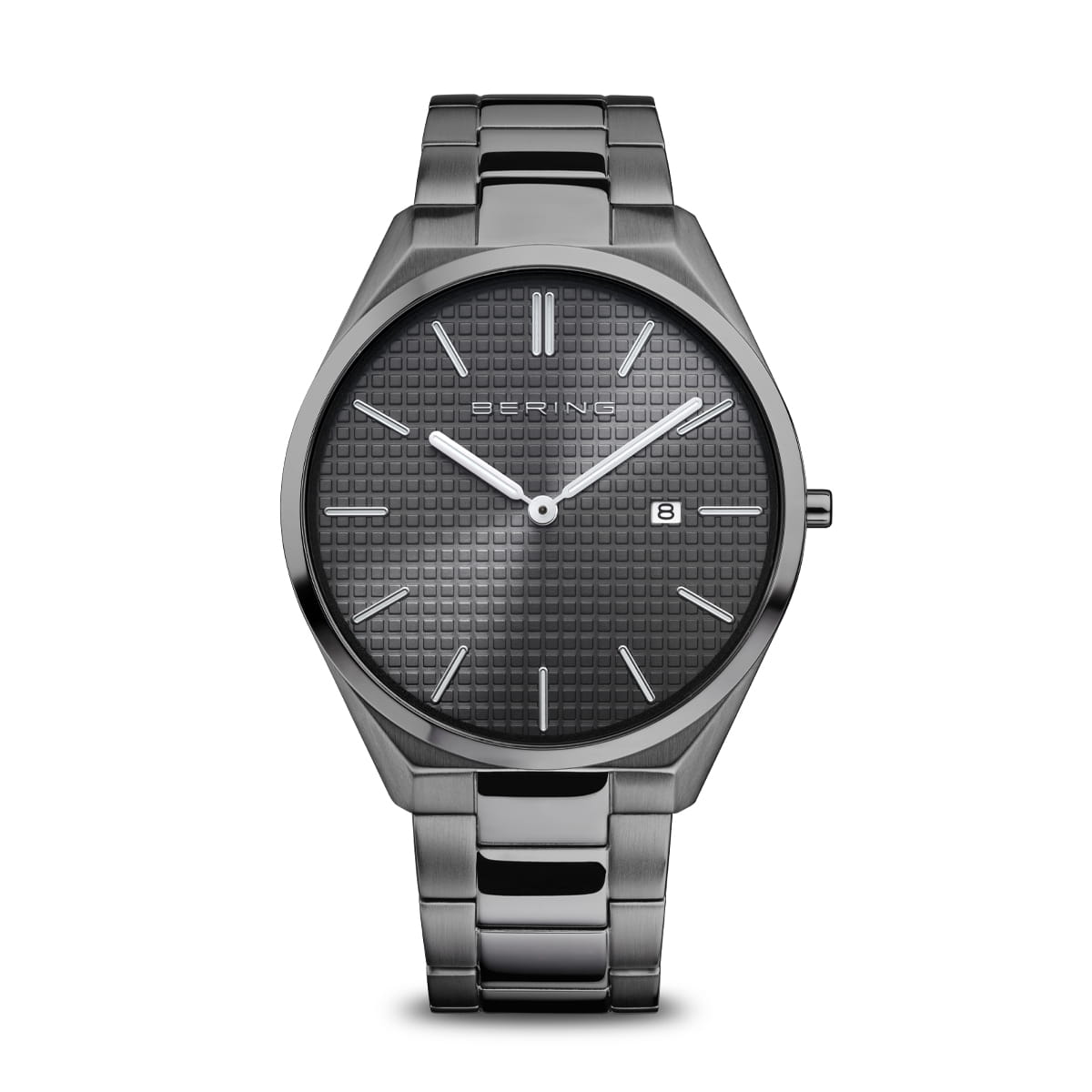 Orologio con cassa in acciaio inox grigio, quadrante nero con motivo, bracciale in acciaio.
