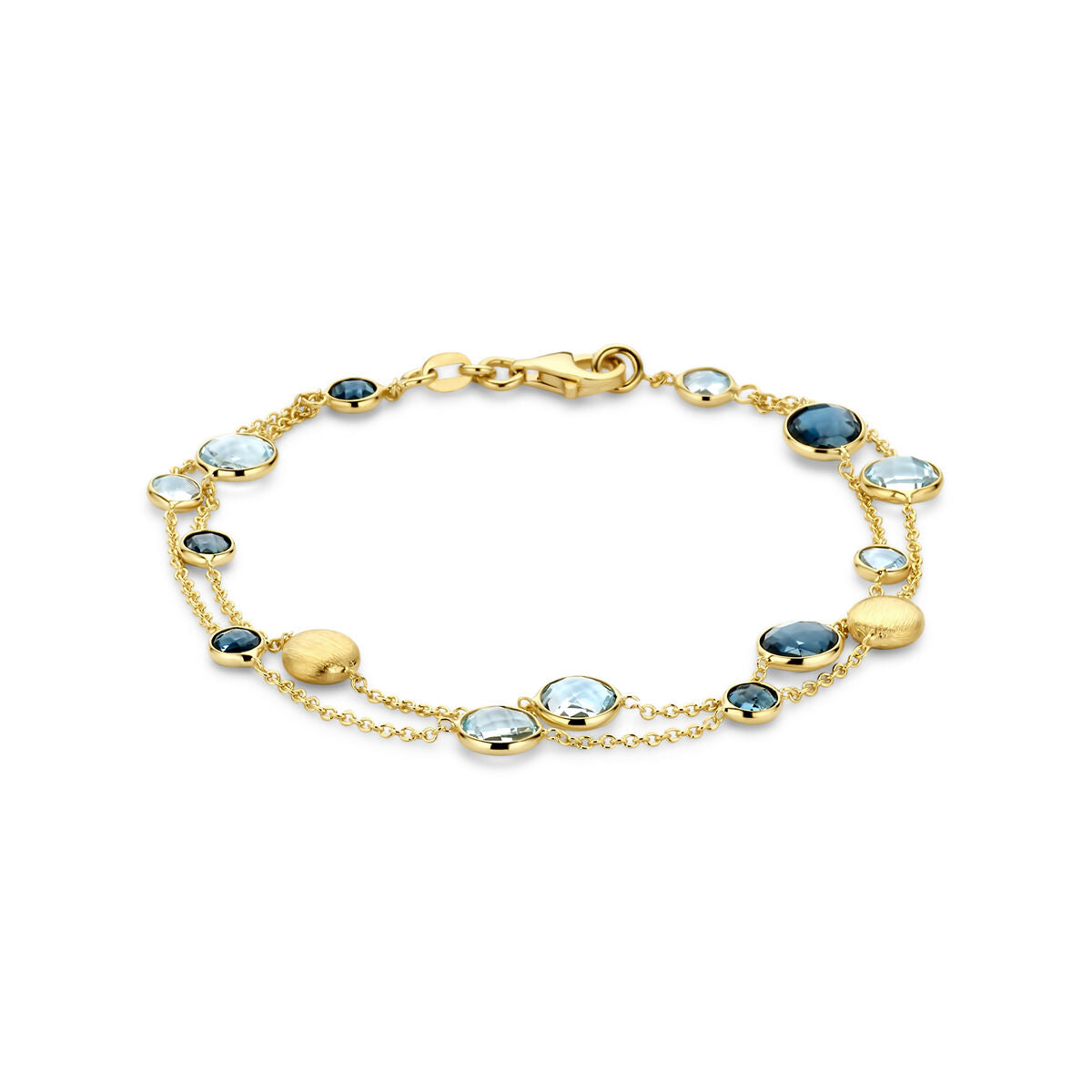 Bracciale in oro giallo 14K con topazi blu cielo e topazi blu Londra, lunghezza 19 cm.