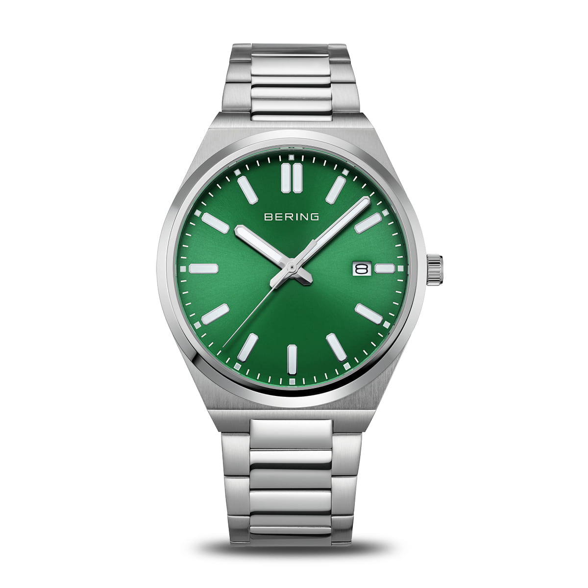Orologio da uomo Bering con quadrante verde, cassa in acciaio inox e bracciale a maglia rolò.