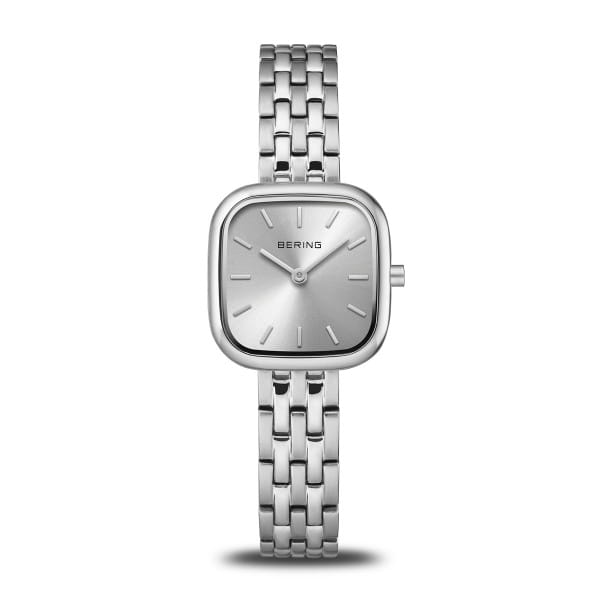 Orologio da donna con quadrante argentato, cassa quadrata e bracciale in maglia rolò.