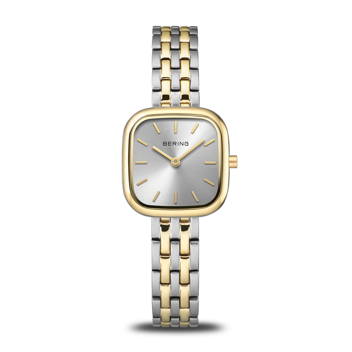Orologio da donna Bering bicolore con quadrante grigio e cassa quadrata.