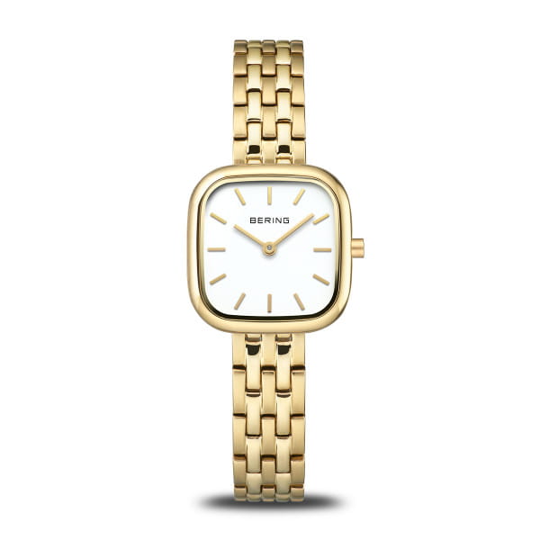 Orologio da donna Bering con cassa dorata, quadrante bianco e bracciale in maglia rolò.