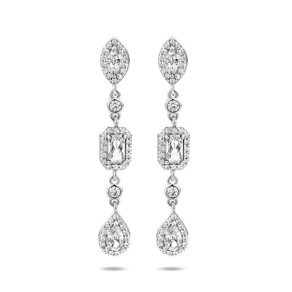 Orecchini pendenti in argento rodiato con zirconi, forma a goccia e ovale.