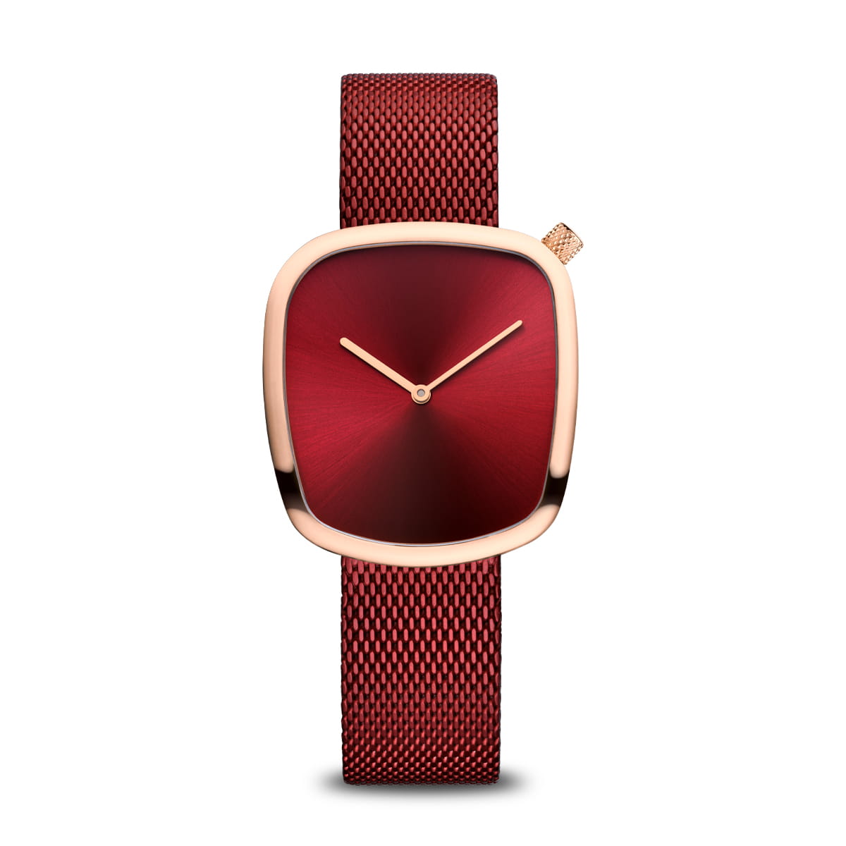 Orologio da donna con quadrante rosso, cassa oro rosa e cinturino in maglia.