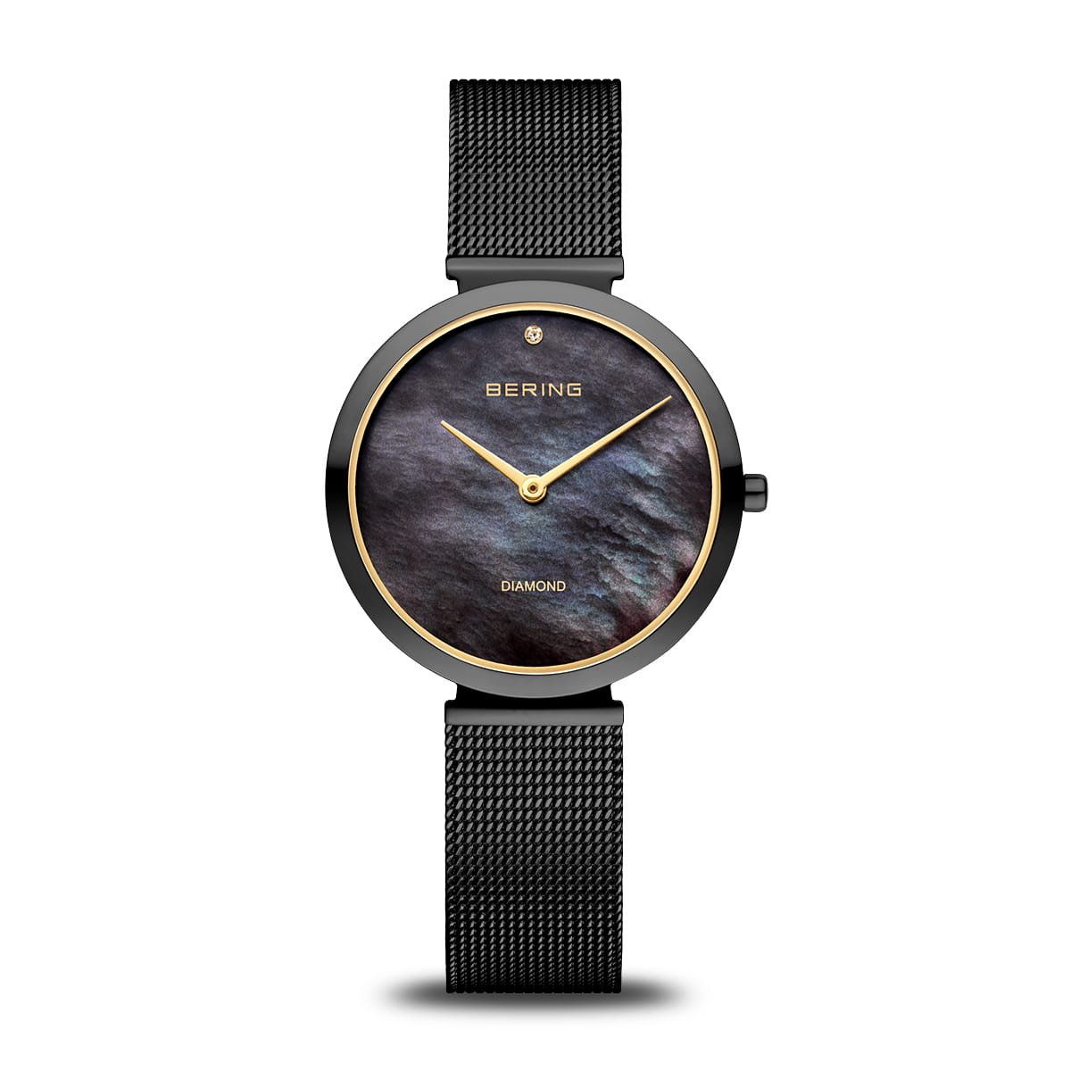 Orologio da donna con quadrante nero, cassa rotonda e cinturino in maglia metallica nera.