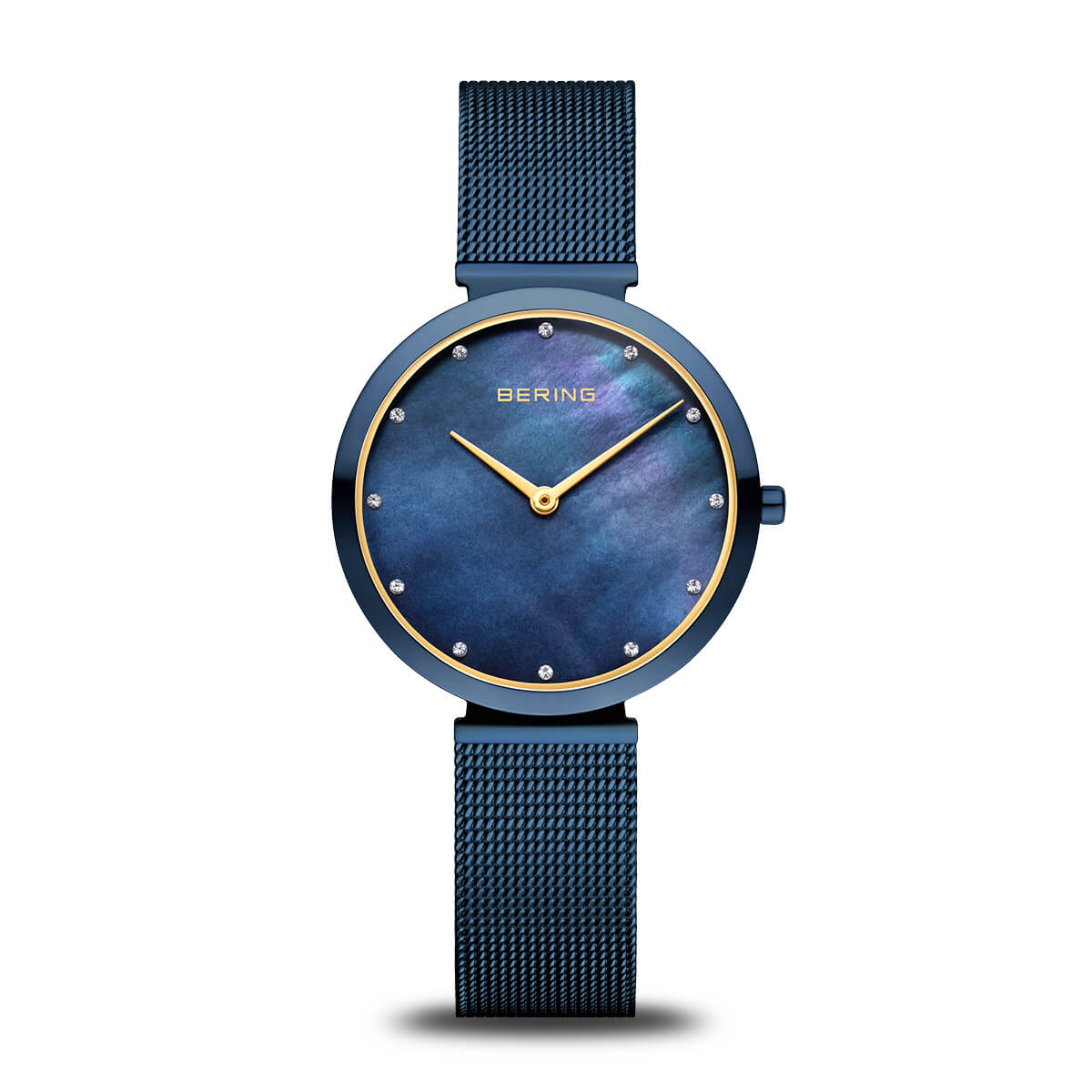 Orologio da donna con quadrante blu, cassa dorata e cinturino in maglia rolò blu.