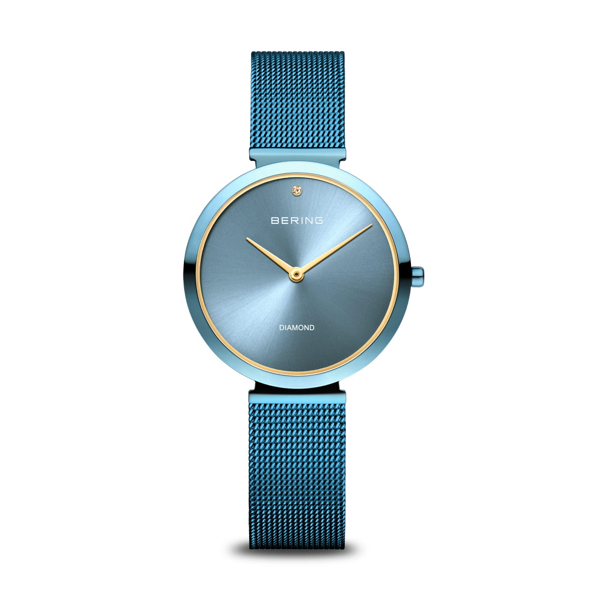Orologio da donna con quadrante blu e cinturino in maglia rolò argentata.