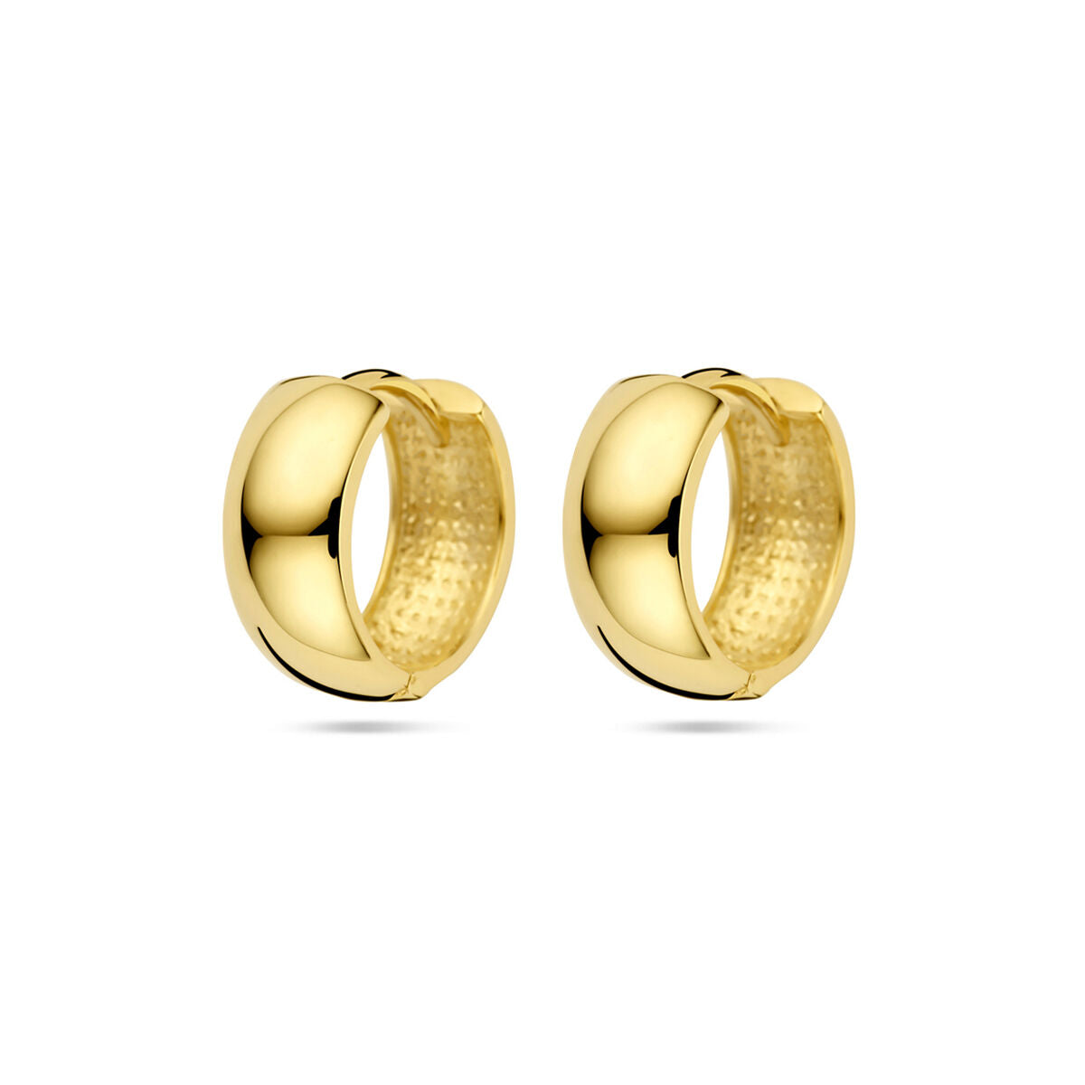 Orecchini alla creola in oro giallo 14K, diametro 13 mm, con finitura lucida.