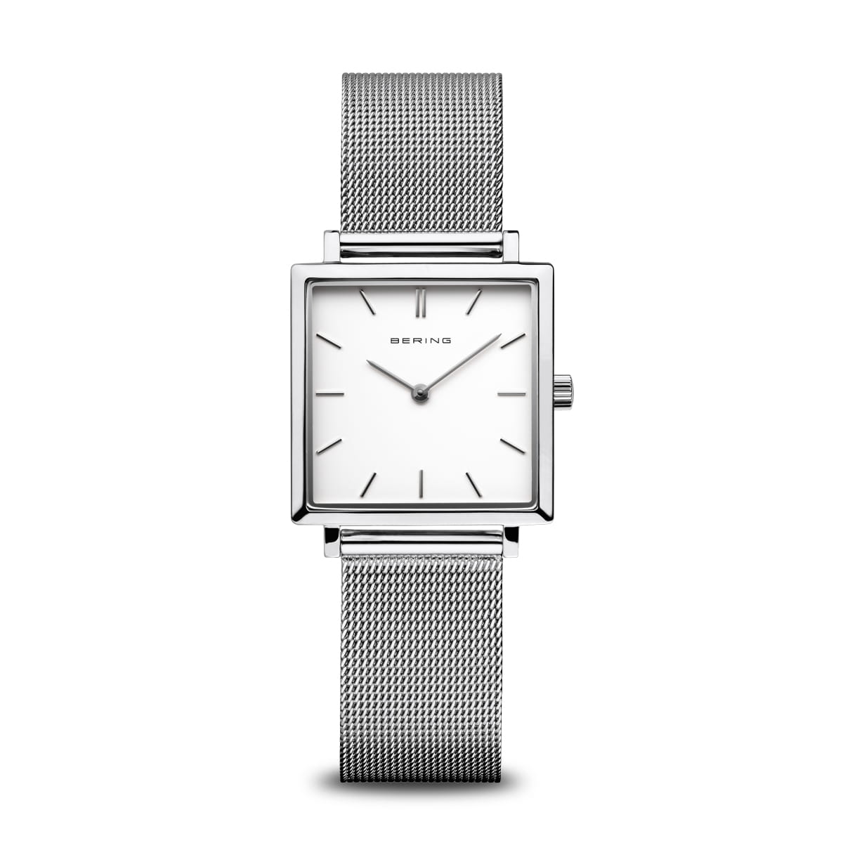 Orologio da donna con quadrante bianco, cassa quadrata in acciaio e cinturino in maglia rolò argentata.
