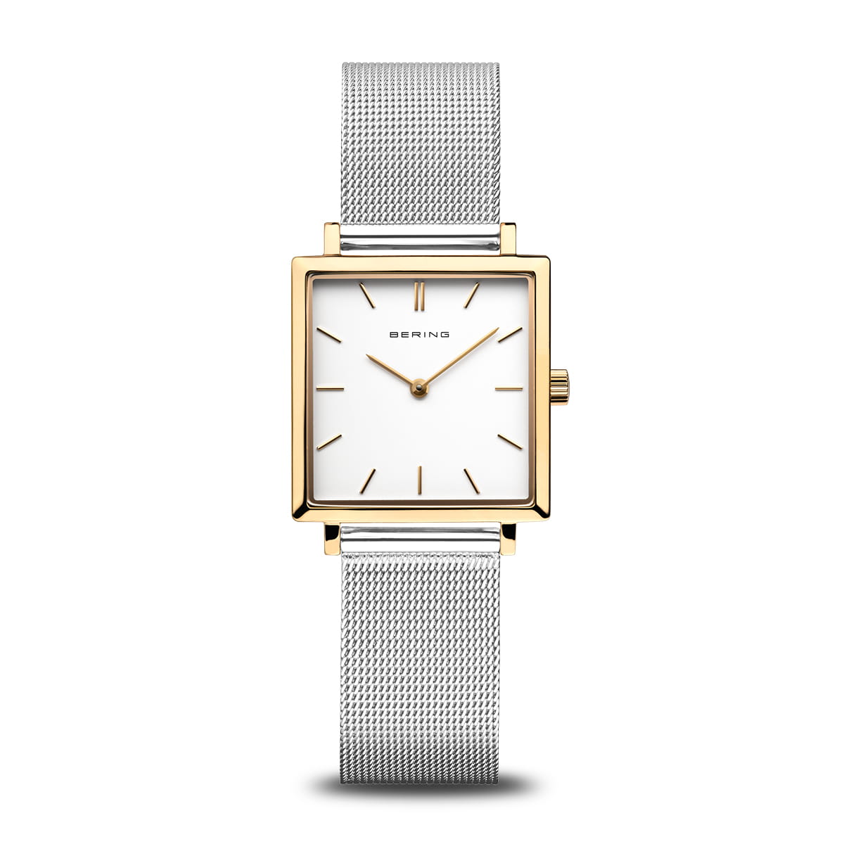 Orologio da donna con quadrante bianco, cassa quadrata dorata e cinturino in maglia d'acciaio.