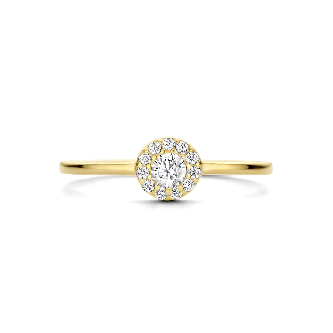 De Van der Kooij Collectie ring zirkonia halo 14K geelgoud is een slanke gouden damesring met een ronde zirkonia in het midden, omringd door een fonkelende halo gezet op 14k geelgoud.