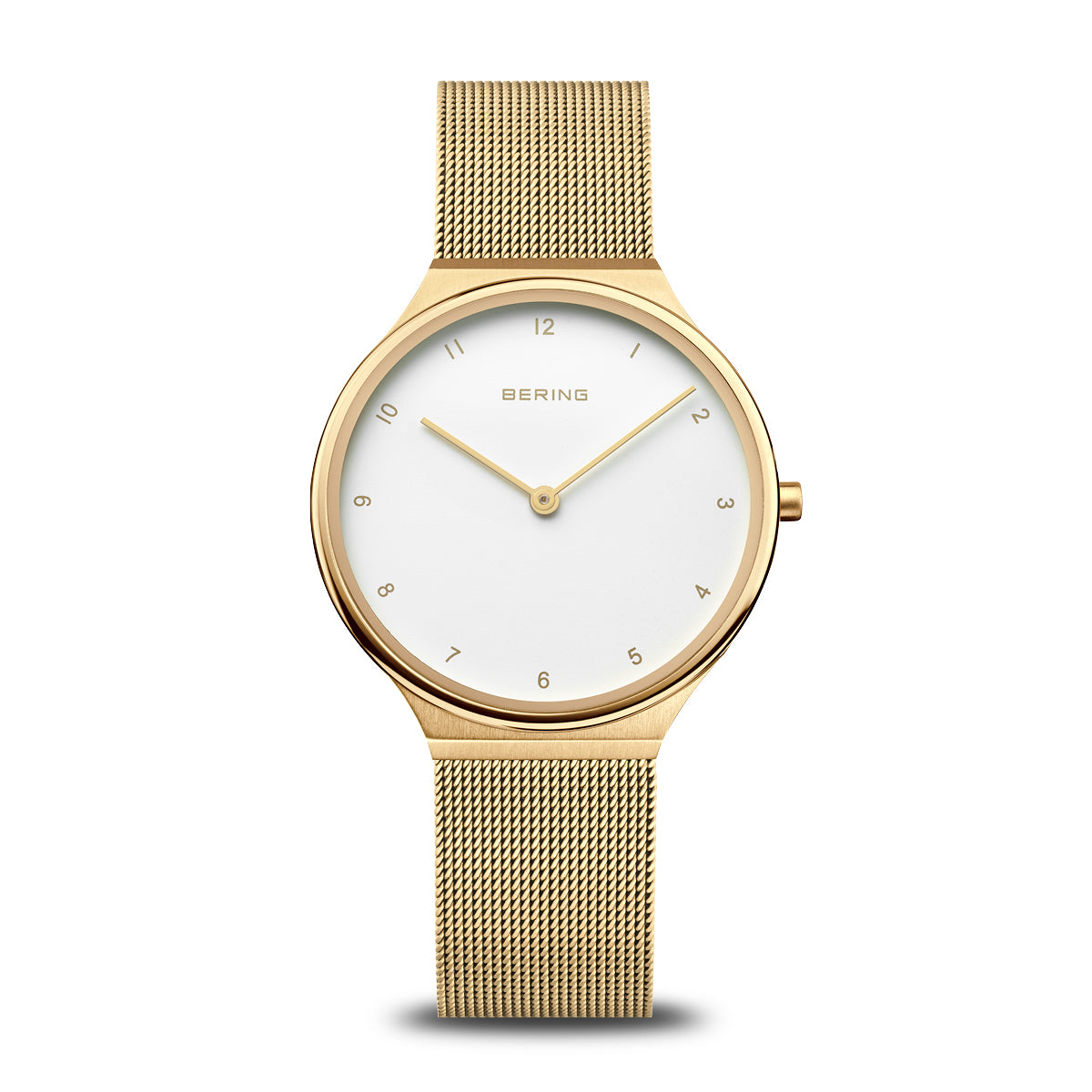 Orologio da donna Bering con cassa dorata, quadrante bianco e cinturino in maglia dorata.