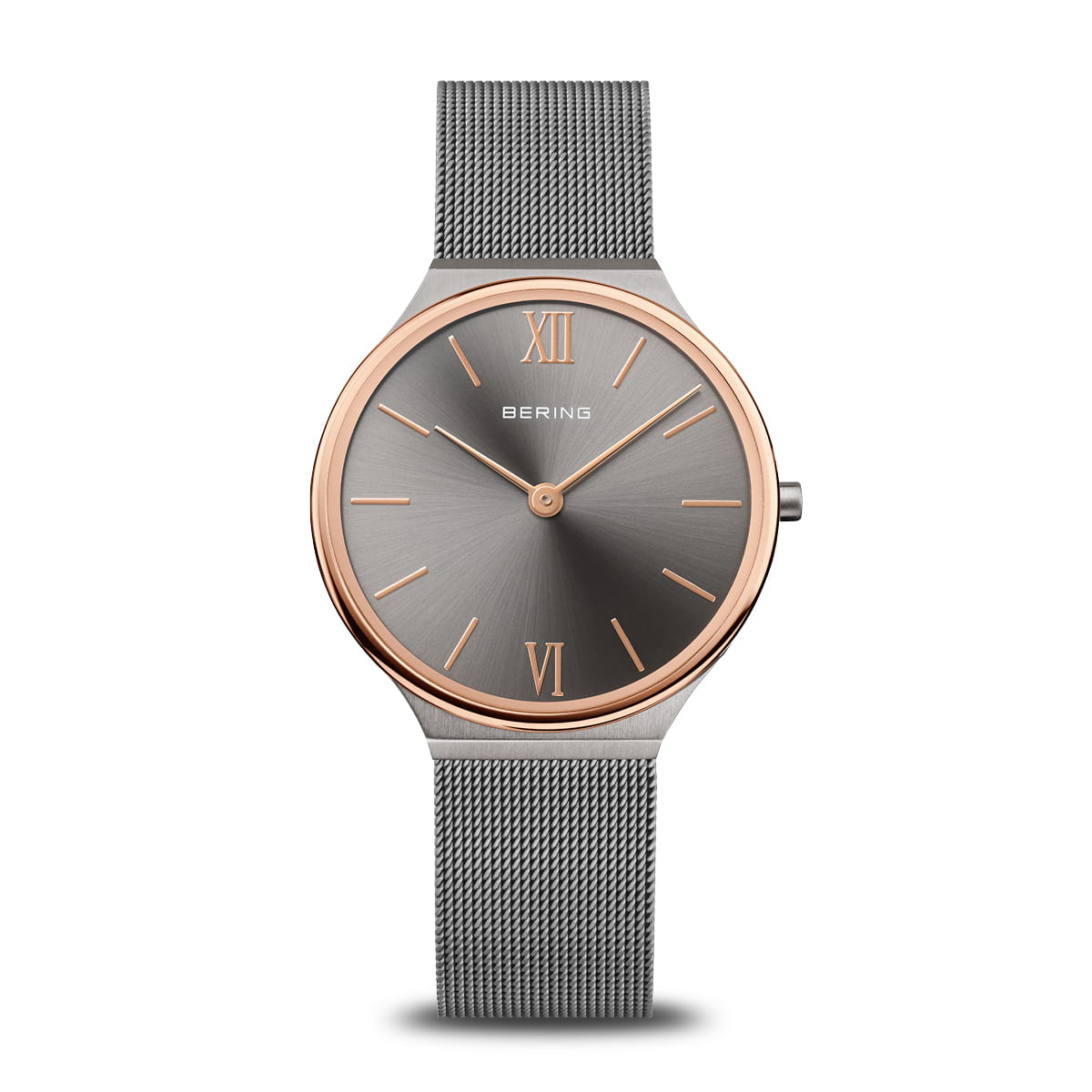 Orologio da donna con quadrante grigio, cassa rotonda in acciaio e cinturino in maglia.
