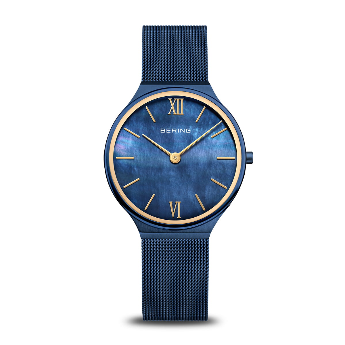 Orologio da donna con quadrante blu, cassa blu e cinturino in maglia rolò dorata.