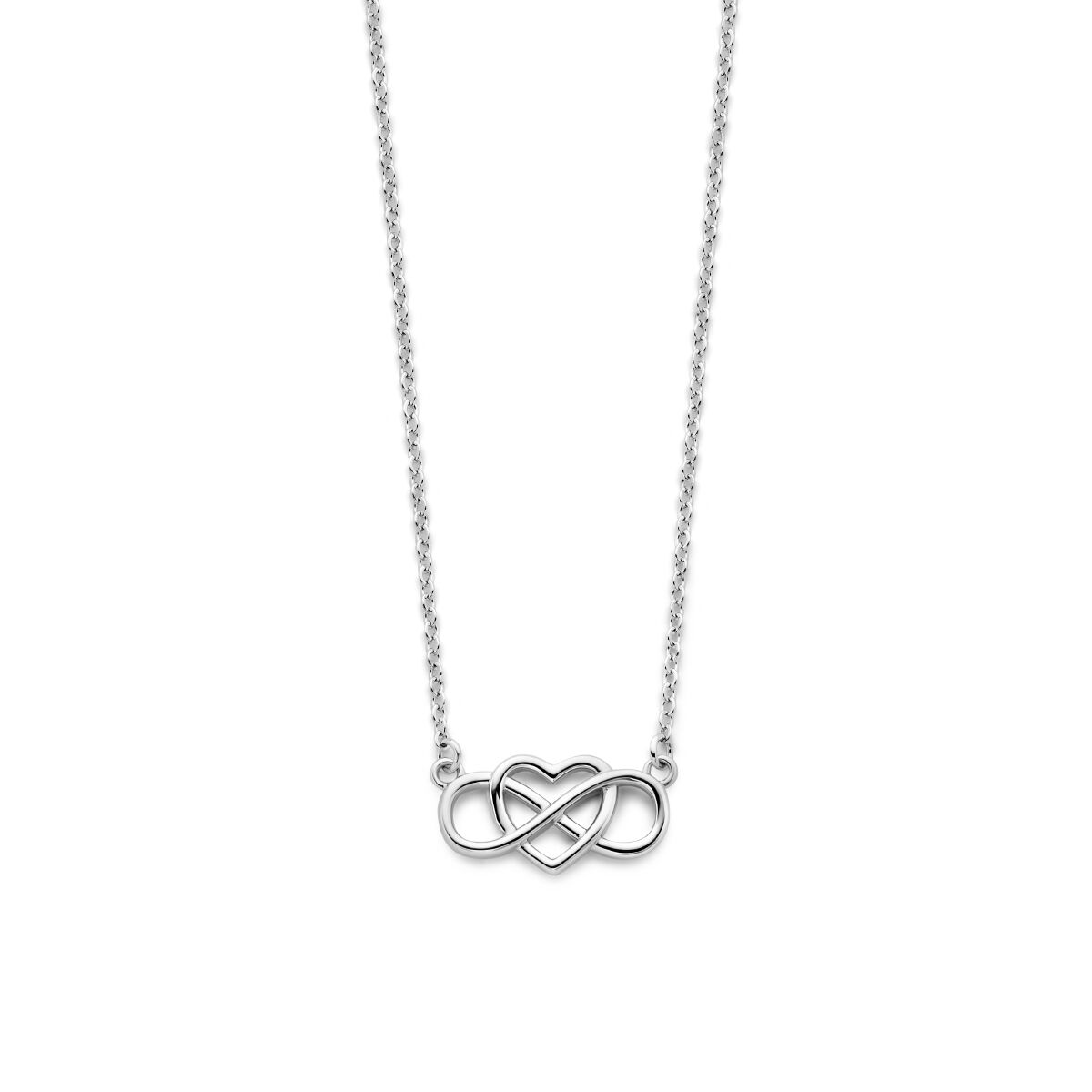 Collana in argento rodiato con pendente a forma di cuore e simbolo dell'infinito.