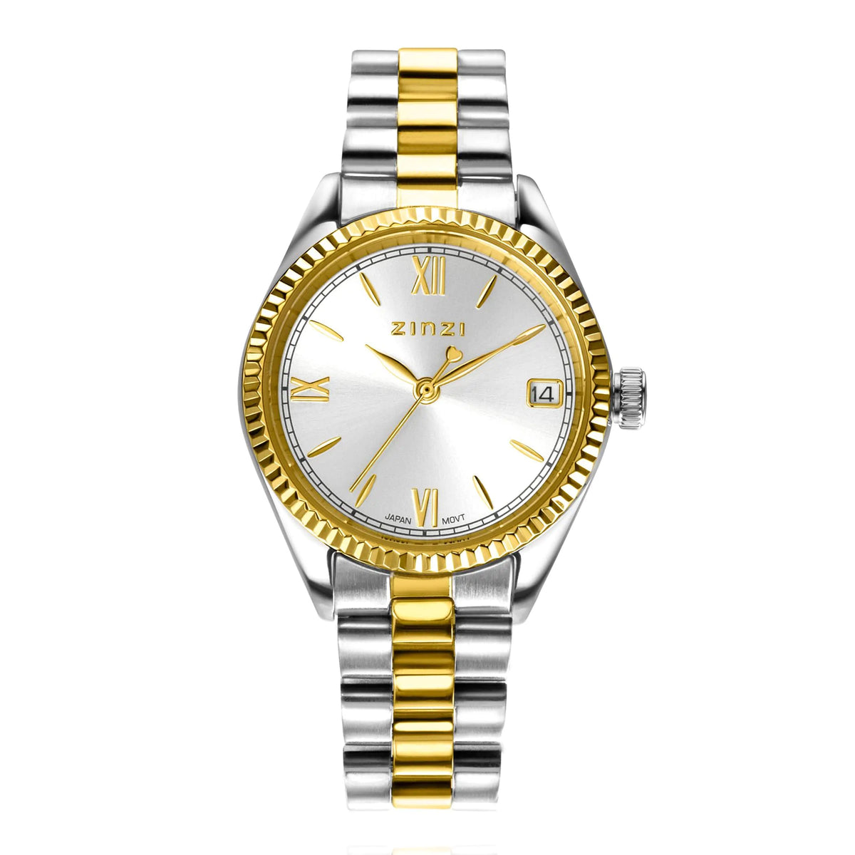 Orologio in acciaio bicolore con quadrante argentato, numeri romani e bracciale a maglia rolò.