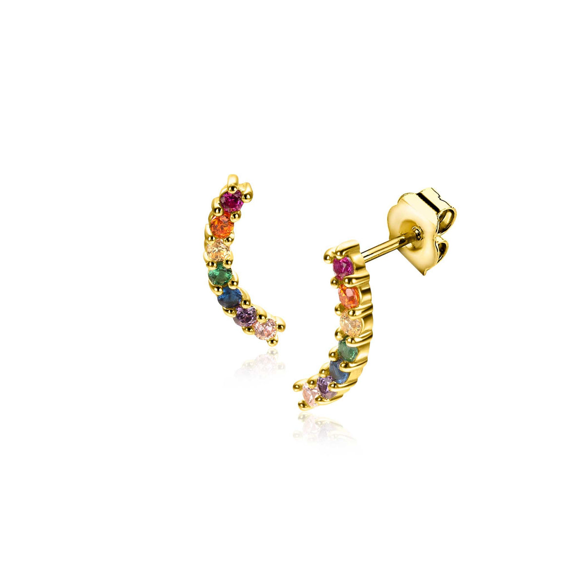 Orecchini in argento placcato oro con pietre colorate, a forma di semicerchio.