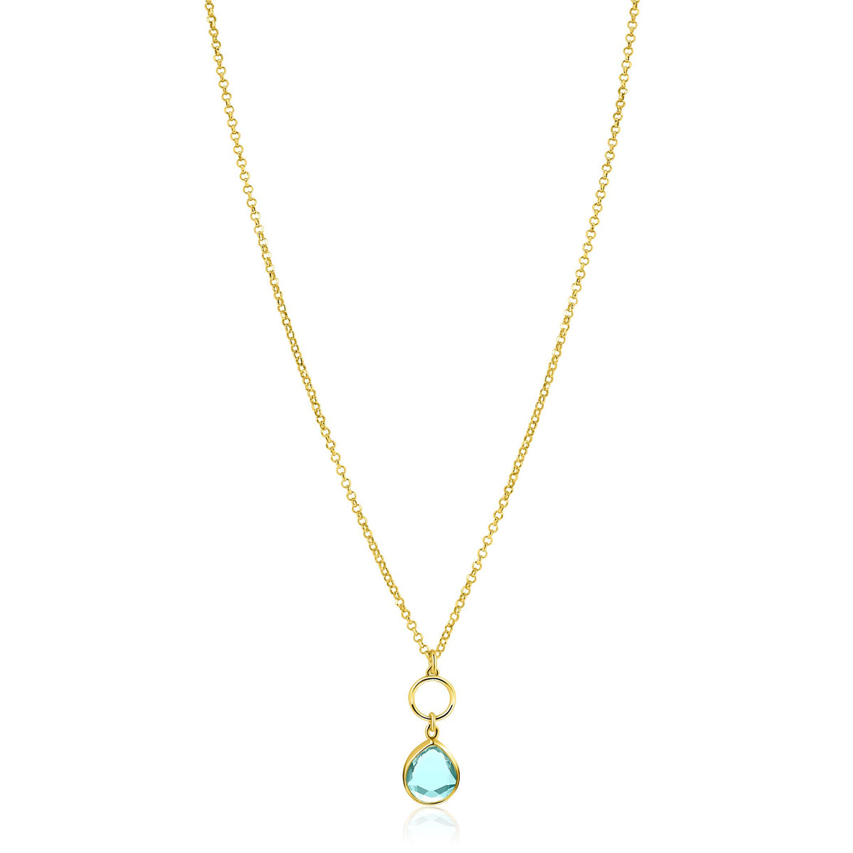 Collana dorata con ciondolo a goccia di pietra azzurra.