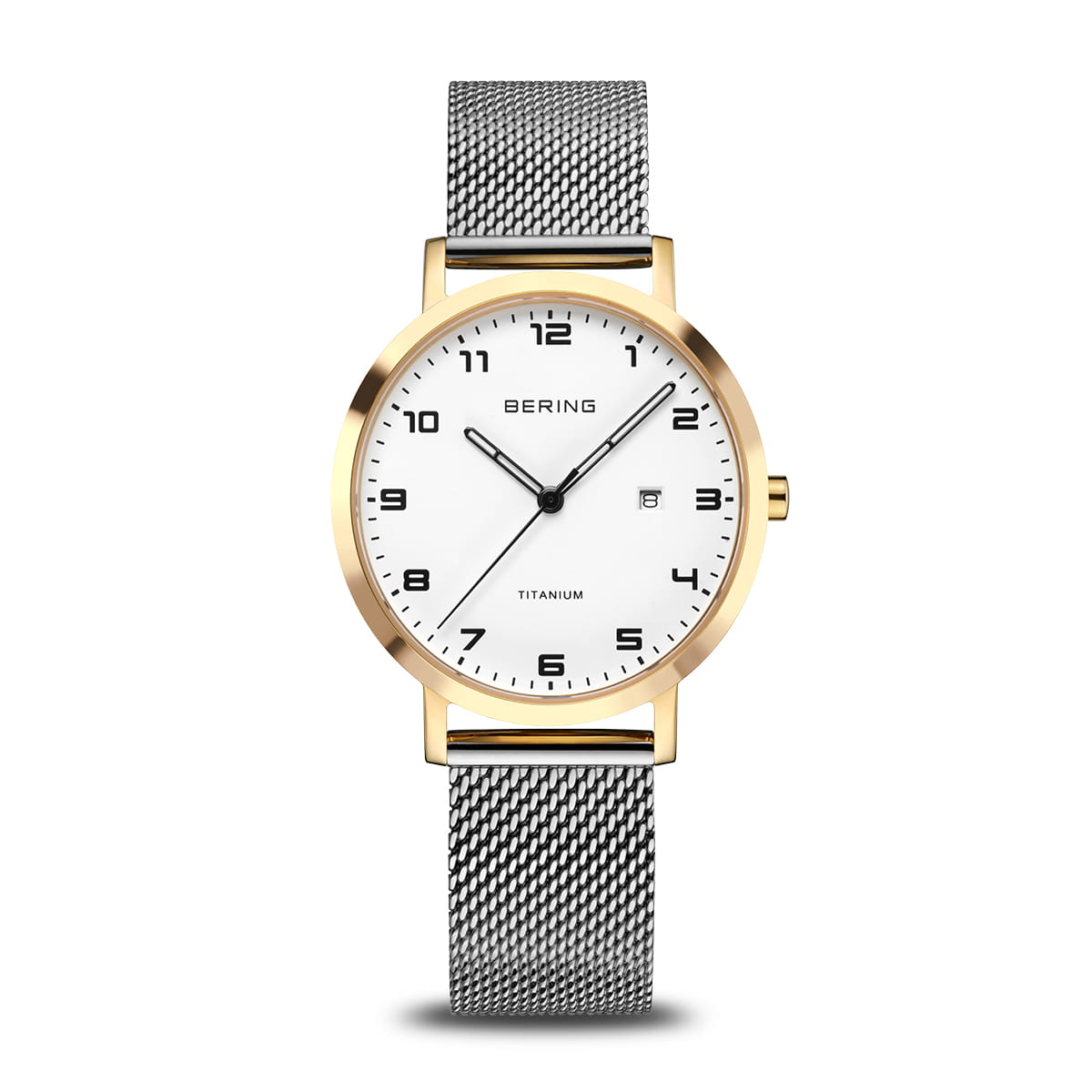 Orologio da donna con quadrante bianco, cassa dorata e cinturino in maglia rolò argentata.