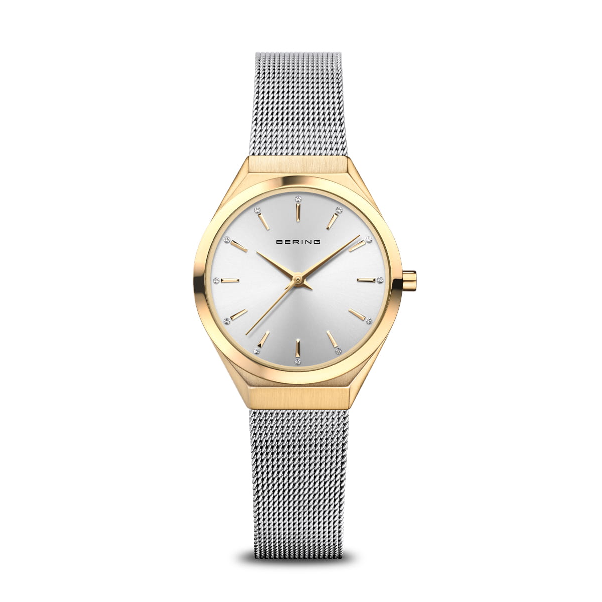 Orologio da donna con cassa dorata, quadrante argentato e cinturino in maglia rolò.