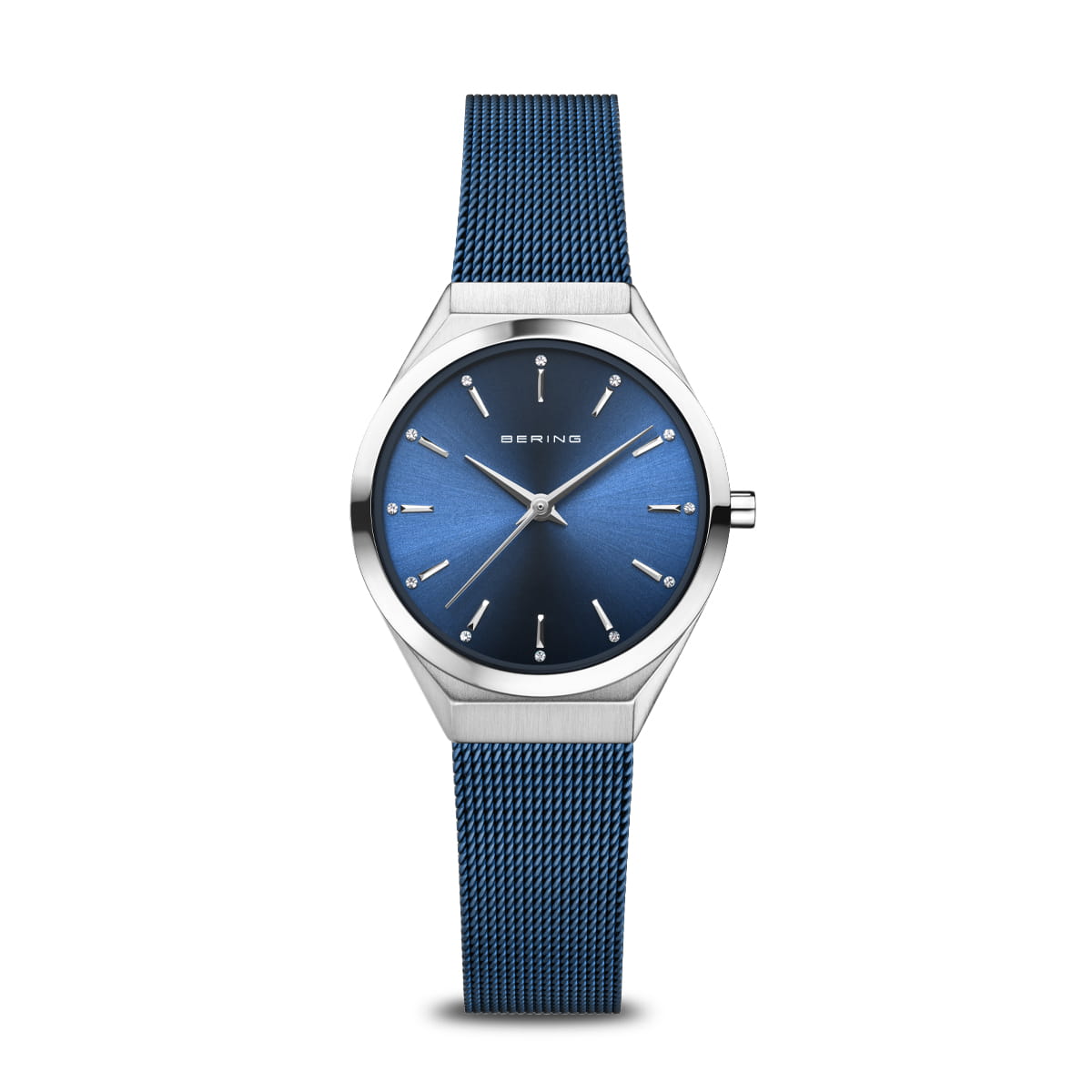 Orologio unisex con quadrante blu, cassa in acciaio inox e cinturino in maglia.