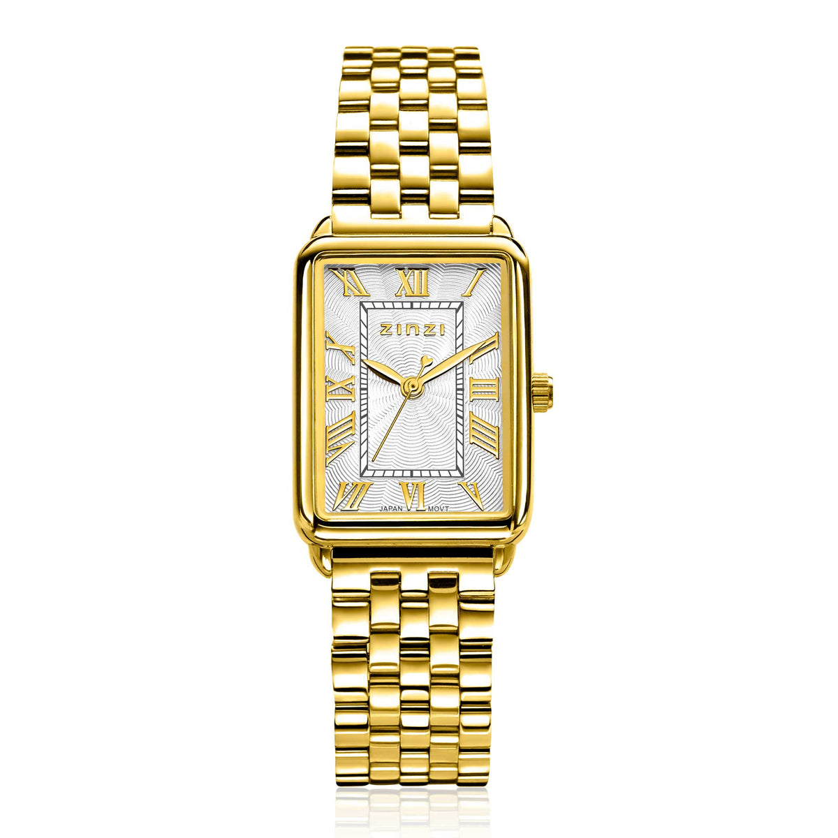 Orologio in acciaio color oro giallo con quadrante bianco e dettagli romani.