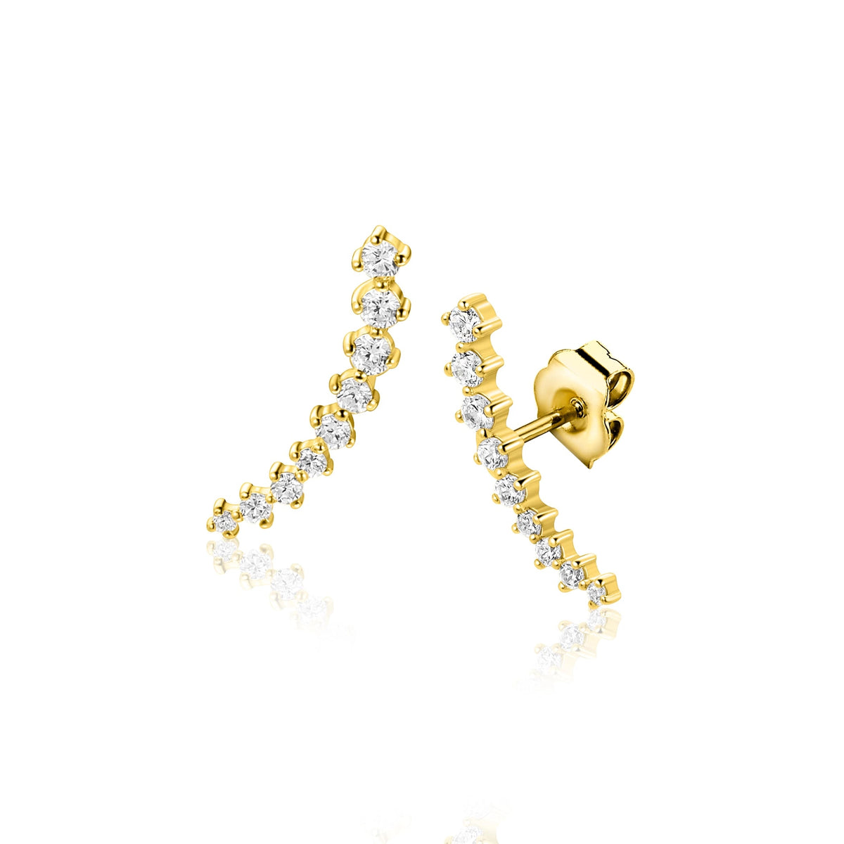 Orecchini in argento dorato con curva asimmetrica e zirconi.