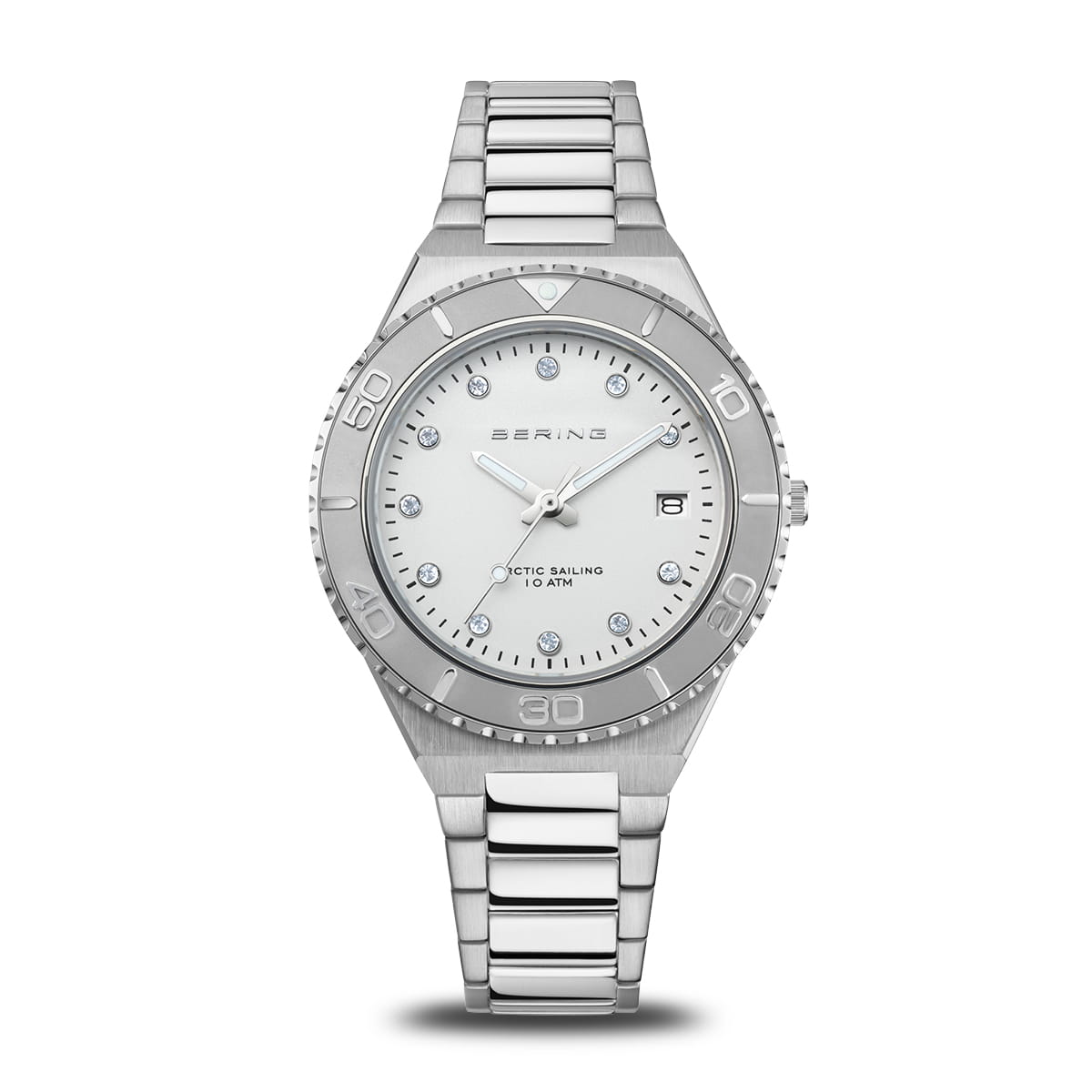 Orologio da donna Bering con quadrante bianco, cassa e bracciale in acciaio inox, dettagli brillanti.