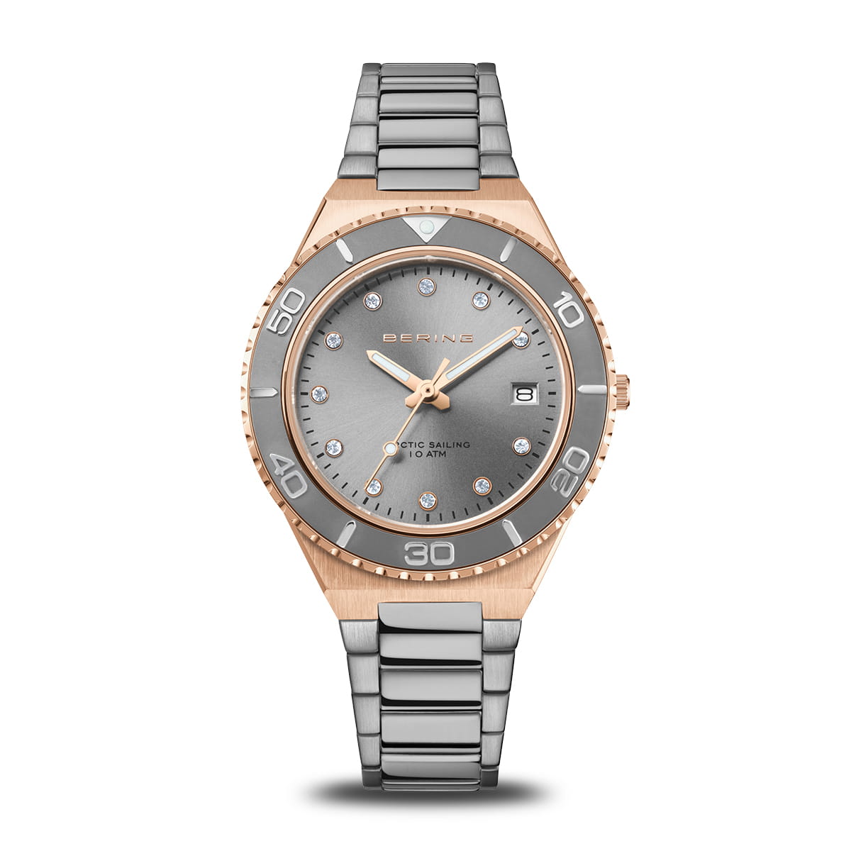 Orologio da donna con quadrante grigio, cassa in acciaio inox e dettagli dorati, bracciale in acciaio.
