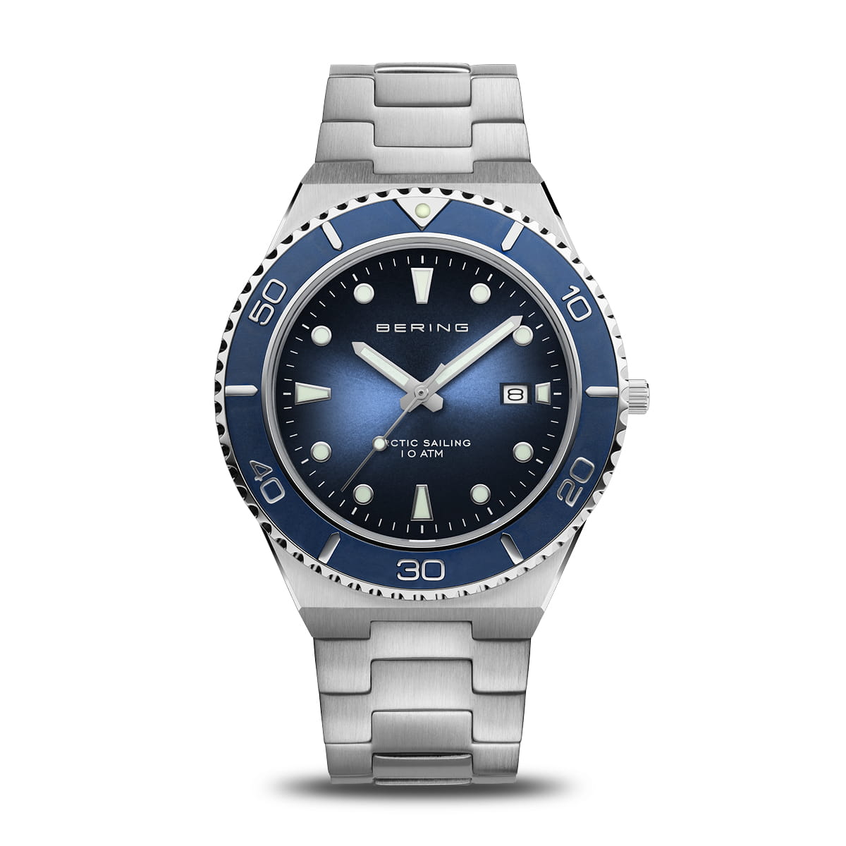 Orologio da uomo con quadrante blu, cassa in acciaio inox e bracciale in acciaio, dettagli argentati.