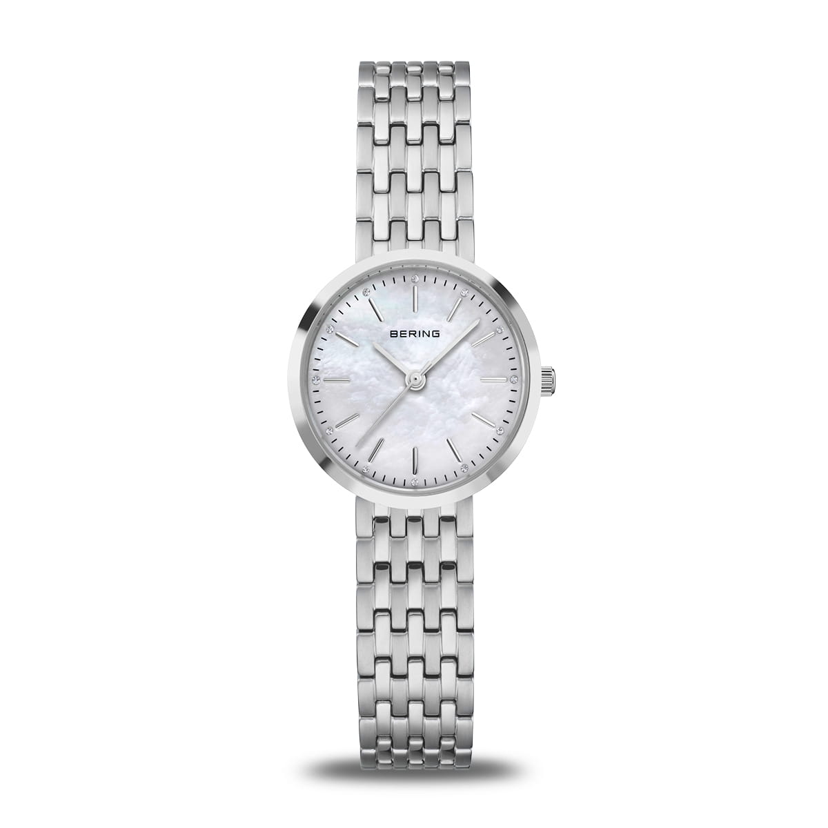 Orologio da donna con quadrante madreperla, cassa in acciaio inox e bracciale maglia rolò.