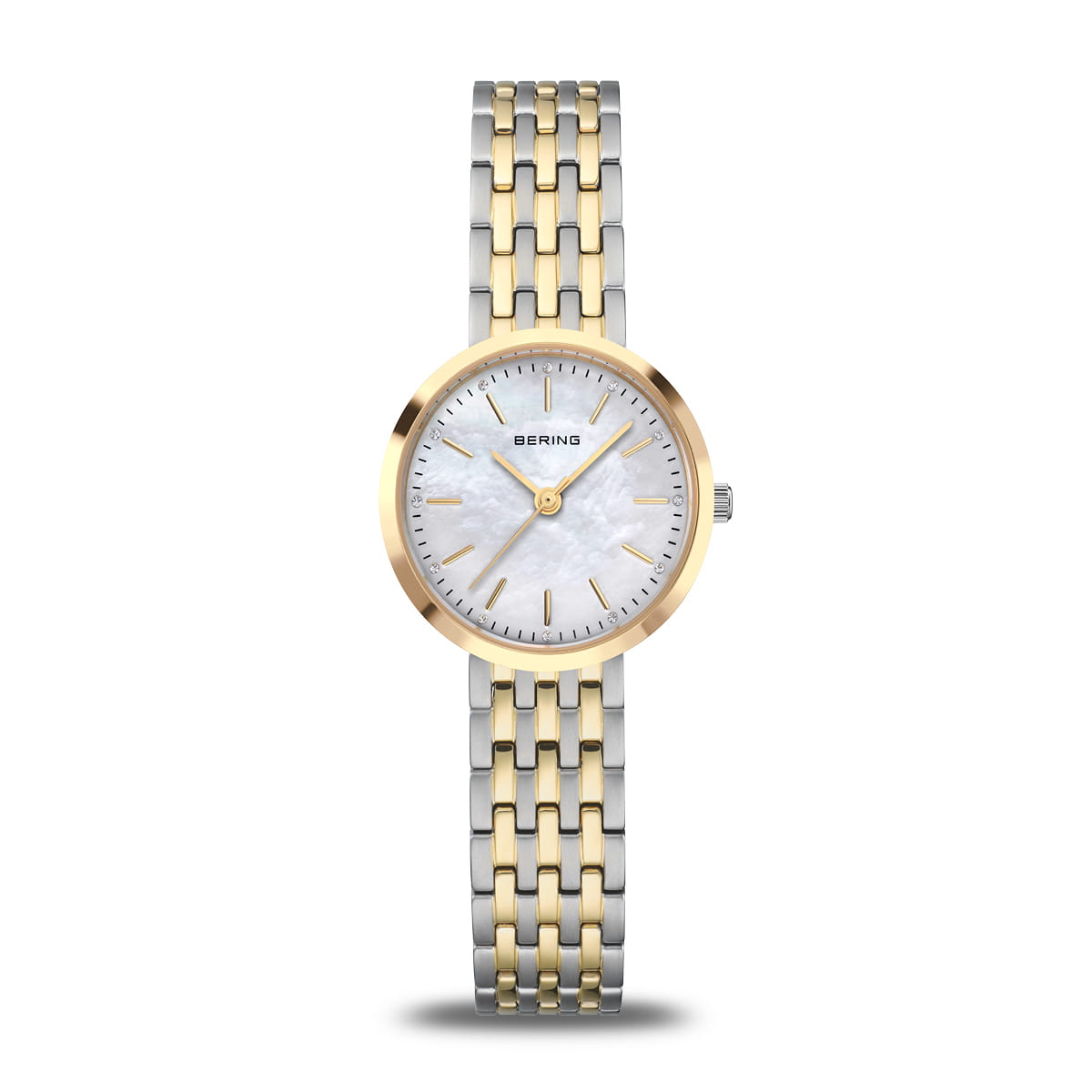 Orologio da donna con quadrante madreperla, cassa dorata e bracciale bicolore in acciaio.