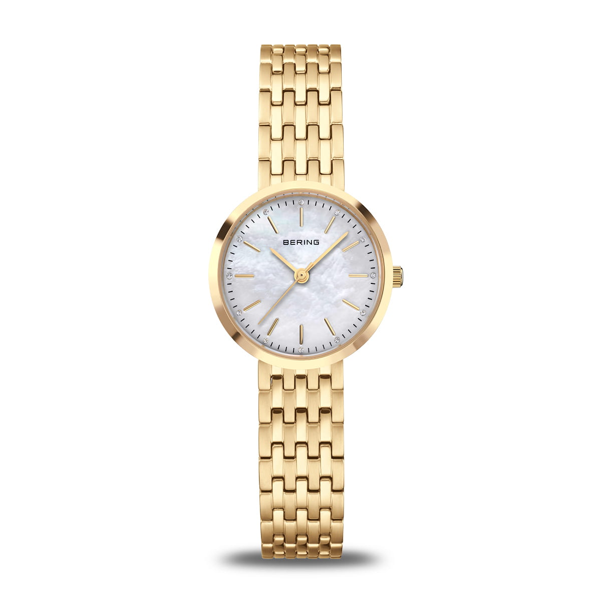 Orologio da donna con quadrante madreperla, cassa dorata e bracciale maglia rolò.