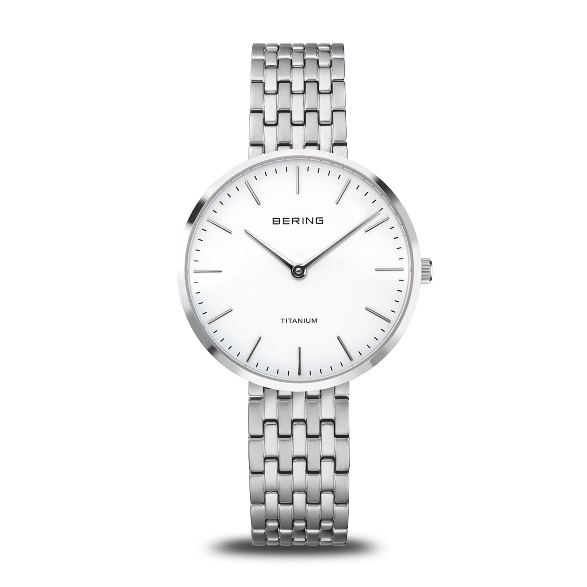 Orologio da donna con quadrante bianco, cassa in titanio e cinturino maglia rolò argentato.