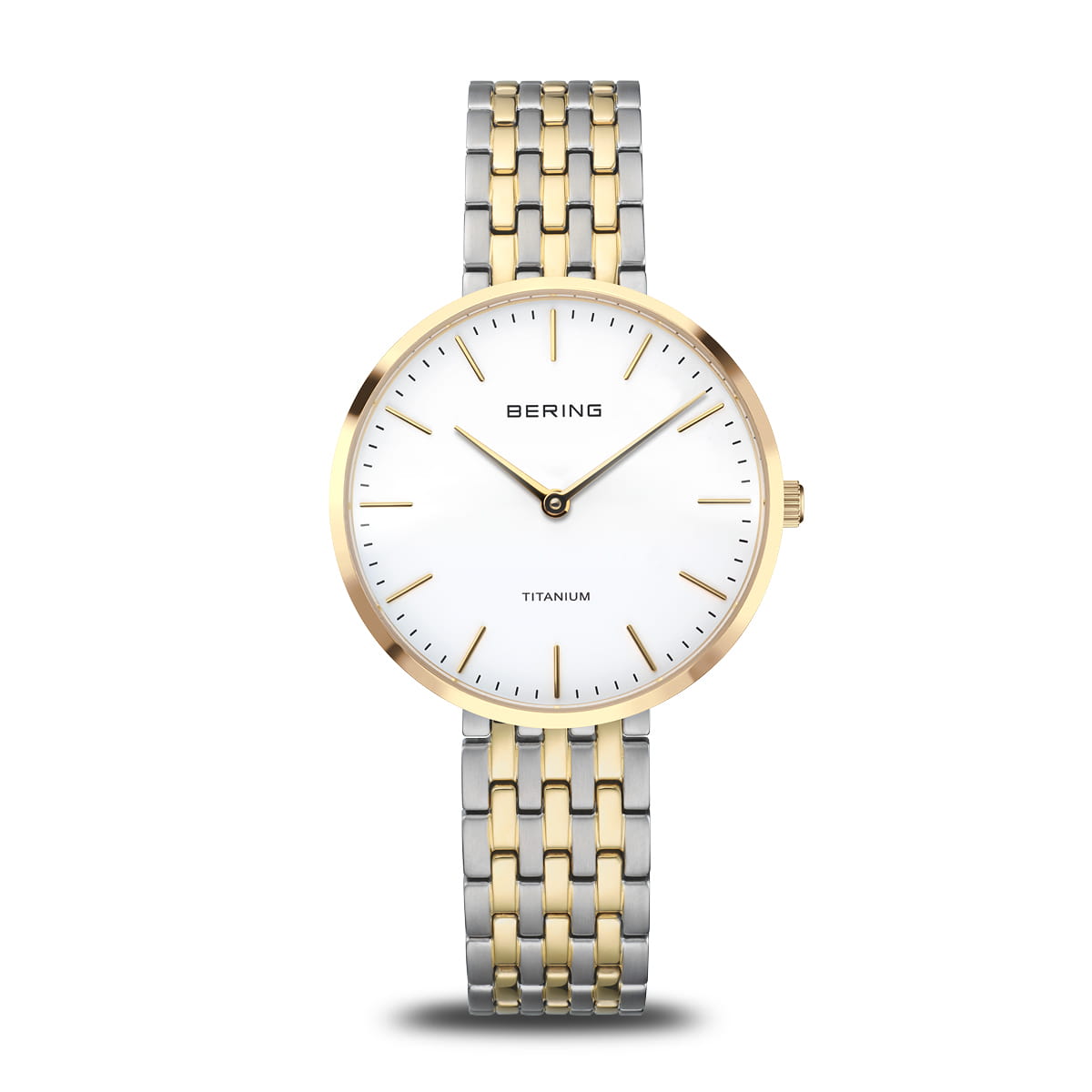 Orologio da donna con quadrante bianco, cassa in acciaio e cinturino bicolore dorato e argento.