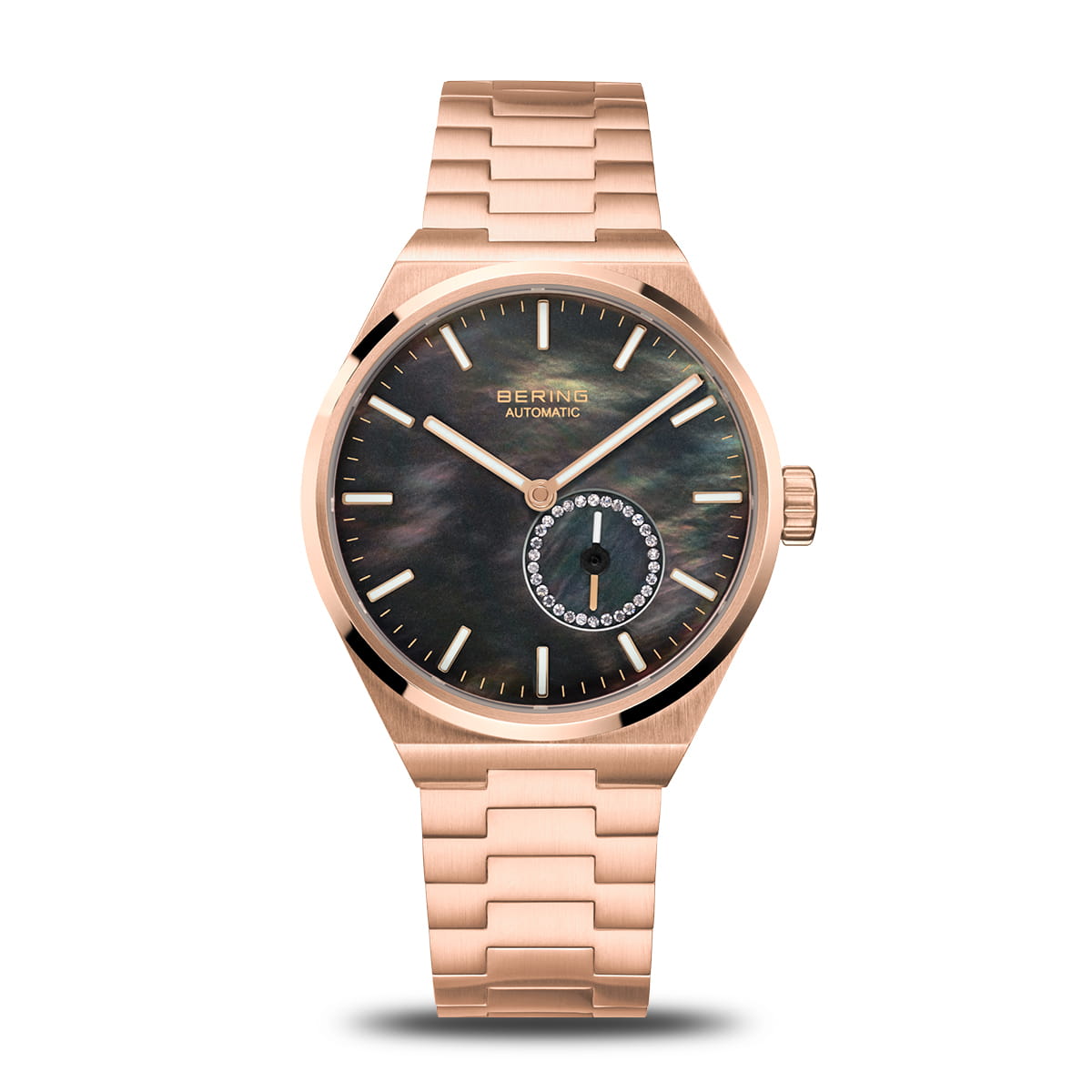 Orologio da donna con cassa rosa e quadrante nero, bracciale in maglia rolò.