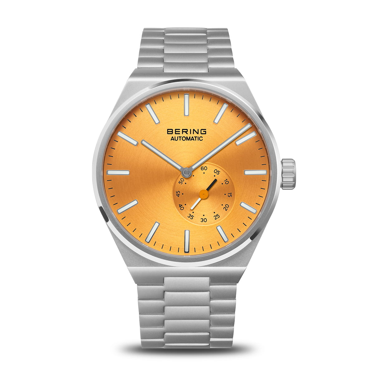 Orologio da uomo Bering con quadrante arancione, cassa in acciaio inox e bracciale in acciaio.