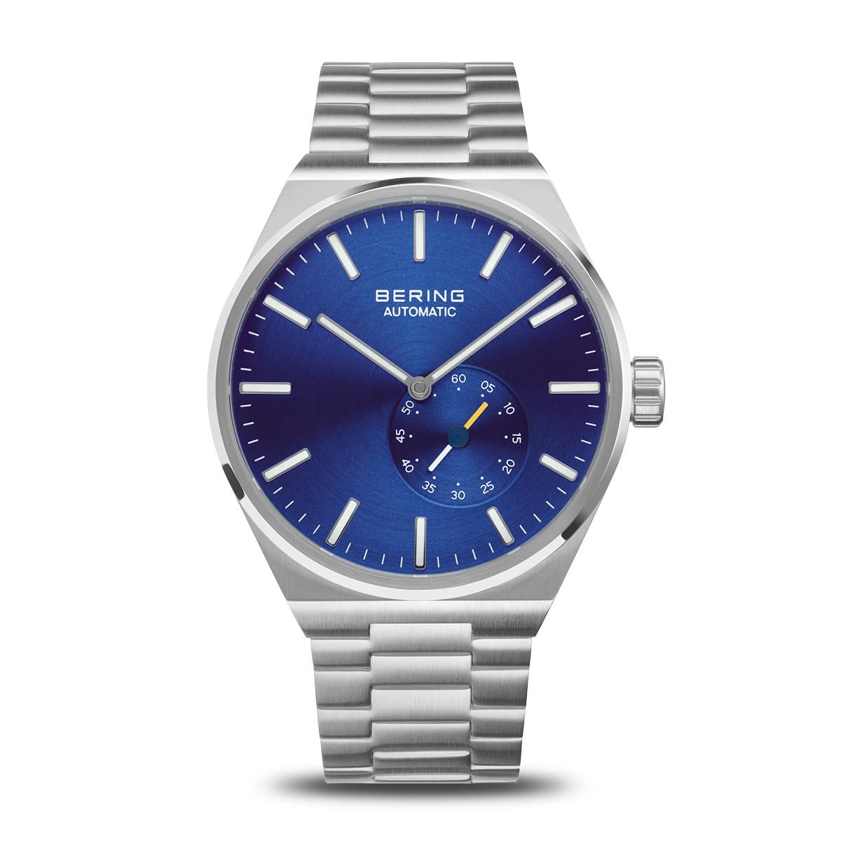 Orologio da uomo Bering con quadrante blu, cassa in acciaio inox e bracciale a maglia rolò.